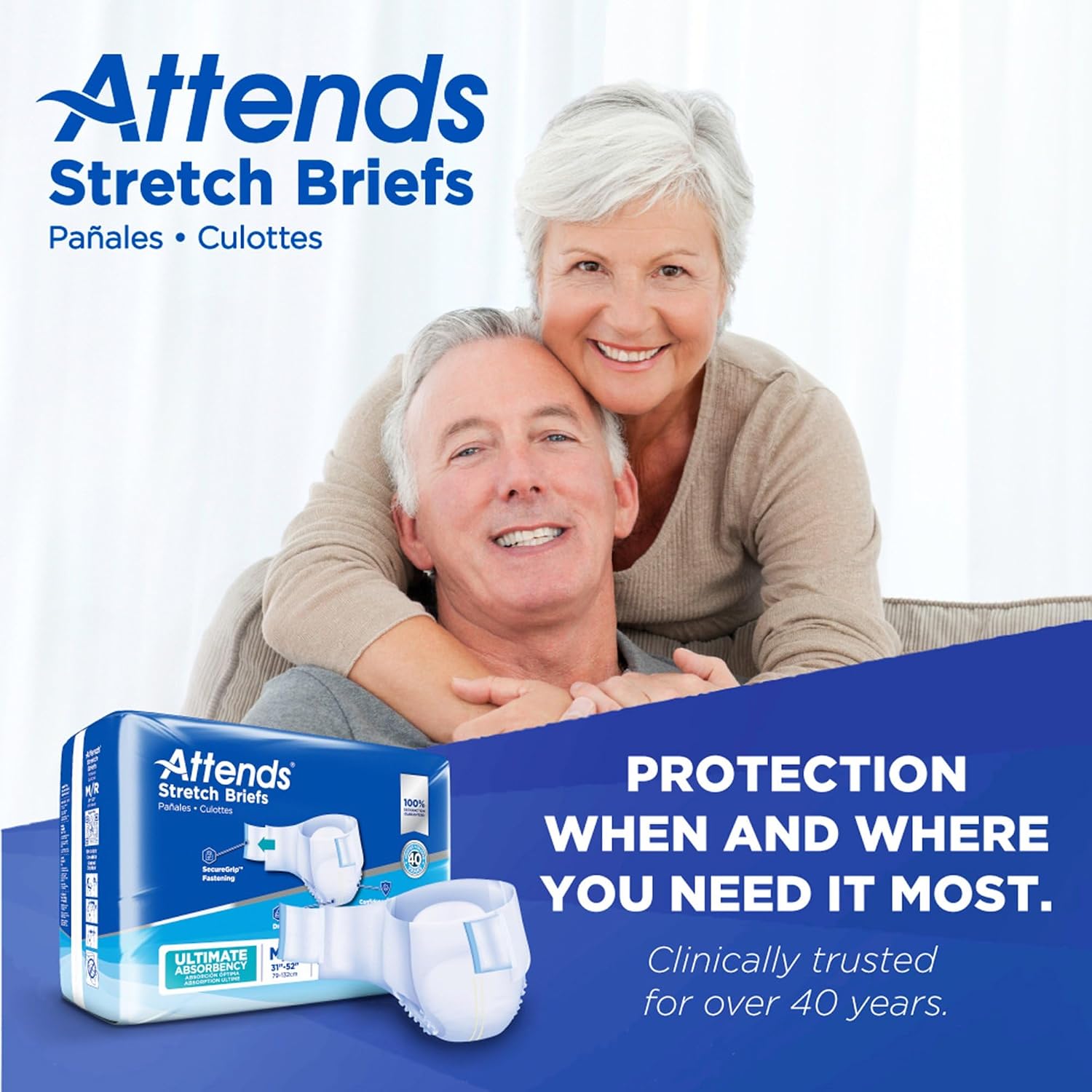Attends Stretch Adult Incontinence Disposable Briefs, Large/X-Large, 40"-70" Waist with SecureGrip Tab Closure, Ultimate Absorbency with Dry-Lock Containment Core and Breathable Side Panels, 96ct Case