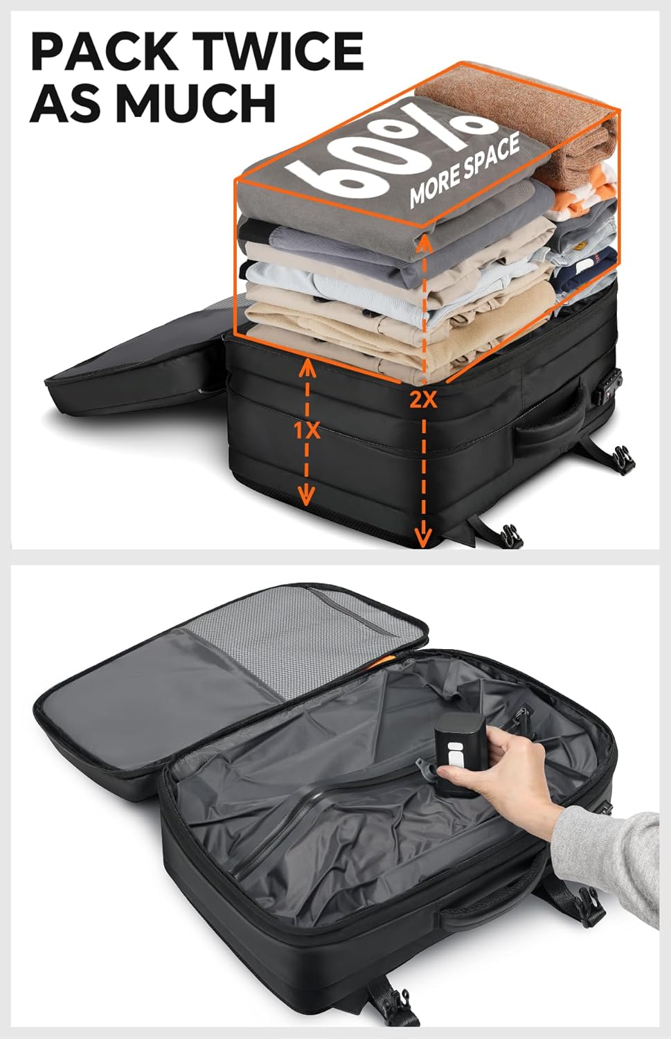 70L Travel Backpack with Vacuum Compression System | 70L Vacuum Backpack, 2 Detachable TPU Bags, TSA Lock, Fits 16" Laptop