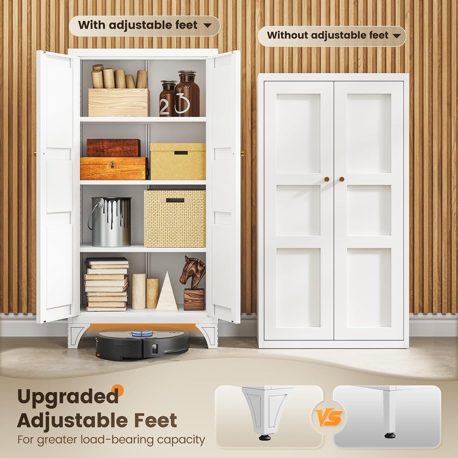 Metal Storage Cabinet with 2 Doors and 4 Adjustable Shelves - 61" White Kitchen Pantry Storage 5-Tier Tall Steel Cabinets Locker for Kitchen, Living Room, Dining Room