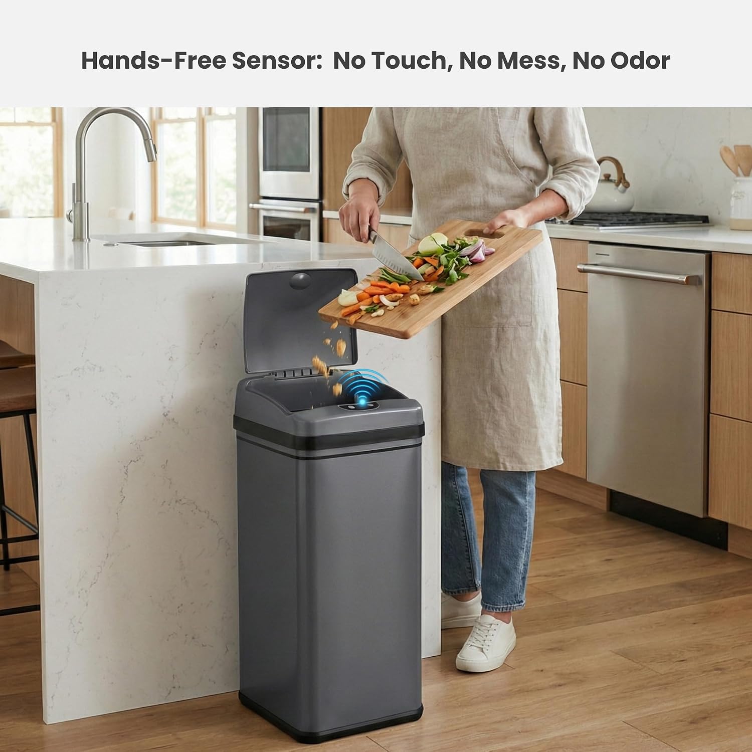iTouchless 50 Liter / 13 Gallon Kitchen Trash Can with Lid & Deodorizer – Motion Sensor Semi-Round Stainless Steel Garbage Bin for Home, Office, or Garage – Slim, Wide Opening Large Capacity Design