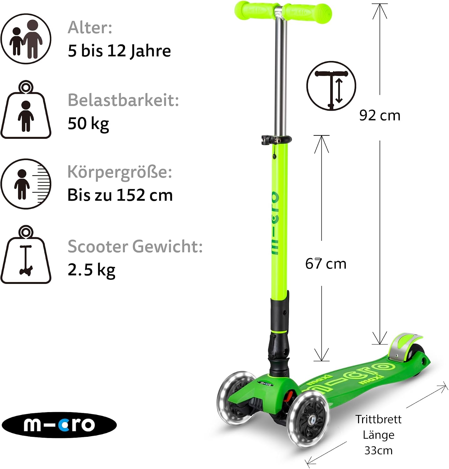 Micro Kickboard | Maxi Foldable LED Kids Scooter for Ages 5-12 | Children