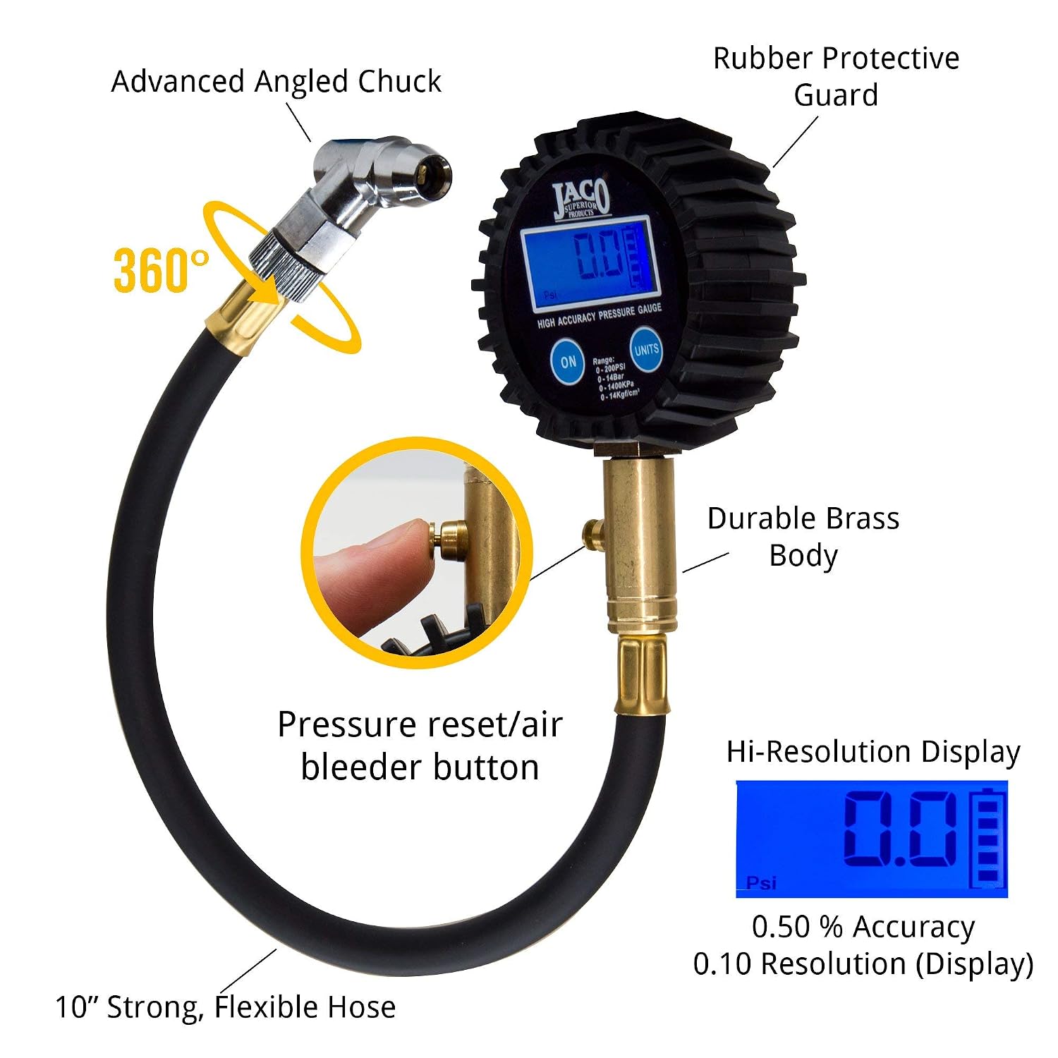 JACO Superior Products ElitePro Digital Tire Pressure Gauge - Professional Accuracy - 200 PSI