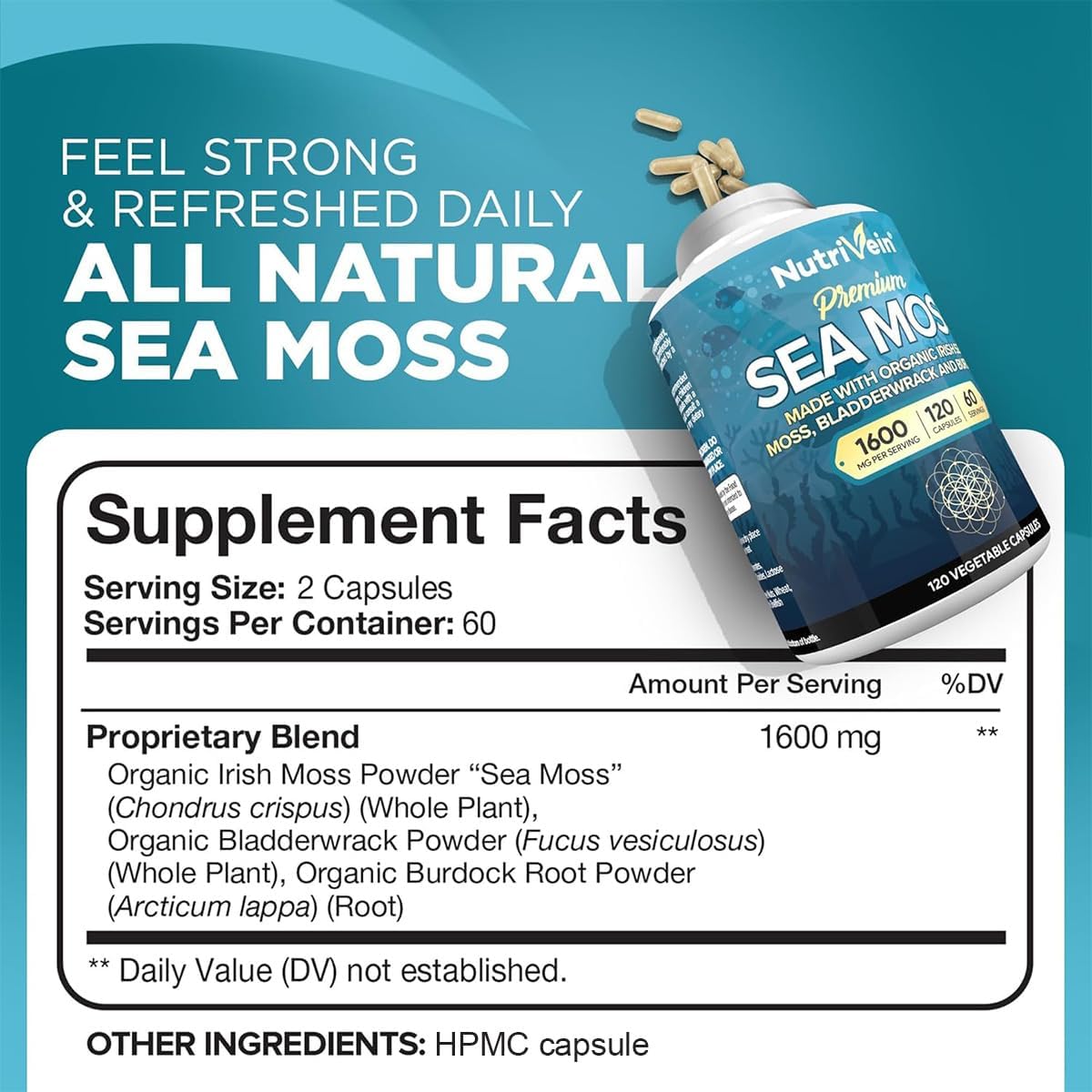 Nutrivein Organic Sea Moss 1600 mg, Bladderwrack & Burdock - 120 Capsules