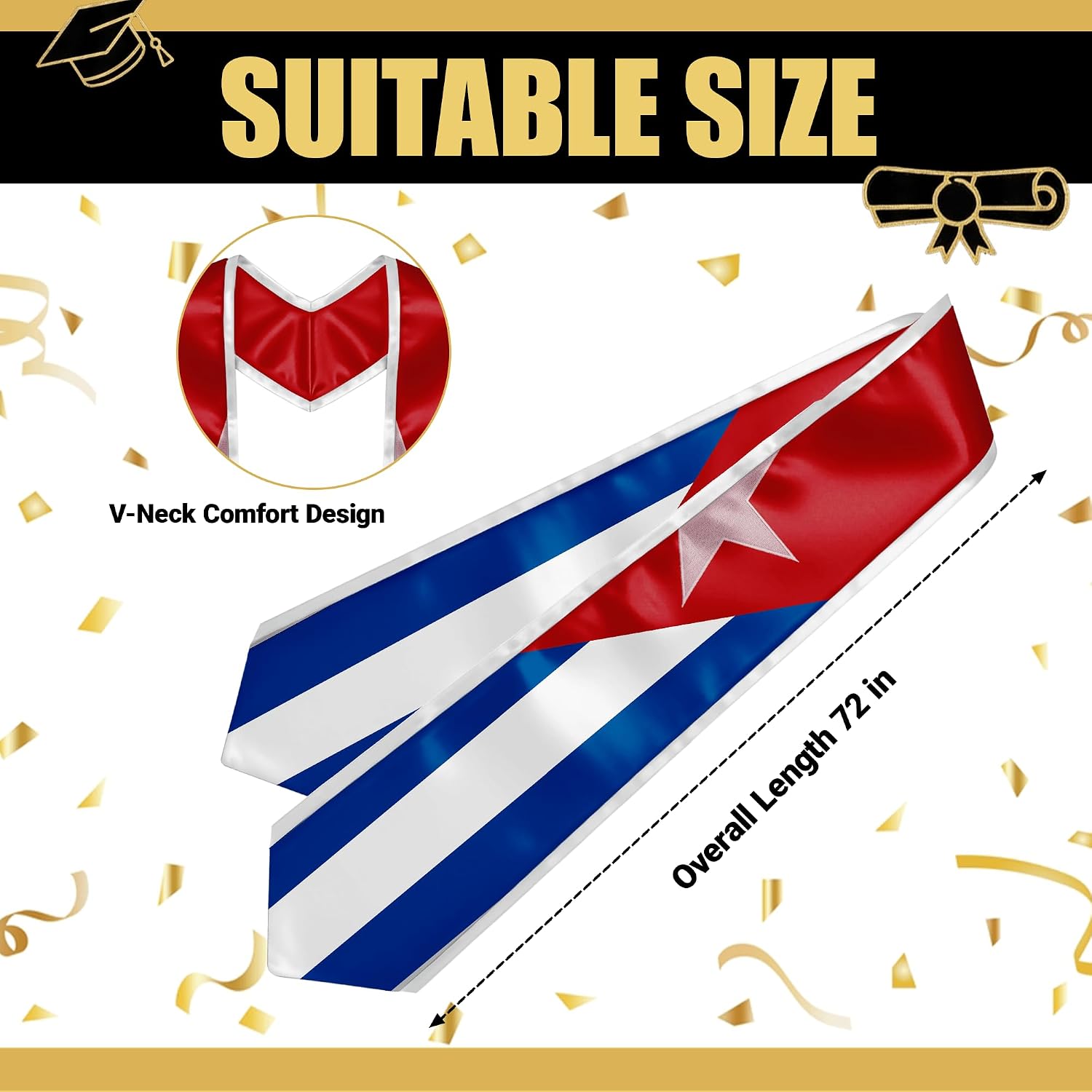 YOXEULL National Flag Embroidered Graduation Stole with Trim, Graduation Sash Graduates Gift, 72"