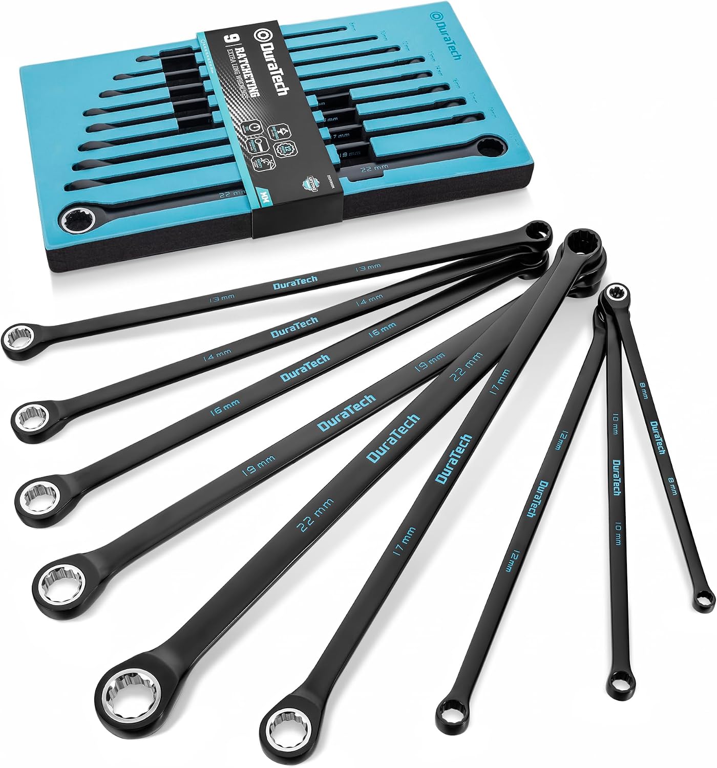 DURATECH Extra Long Ratcheting Wrench Set, Double Box End, Metric, 9-Piece