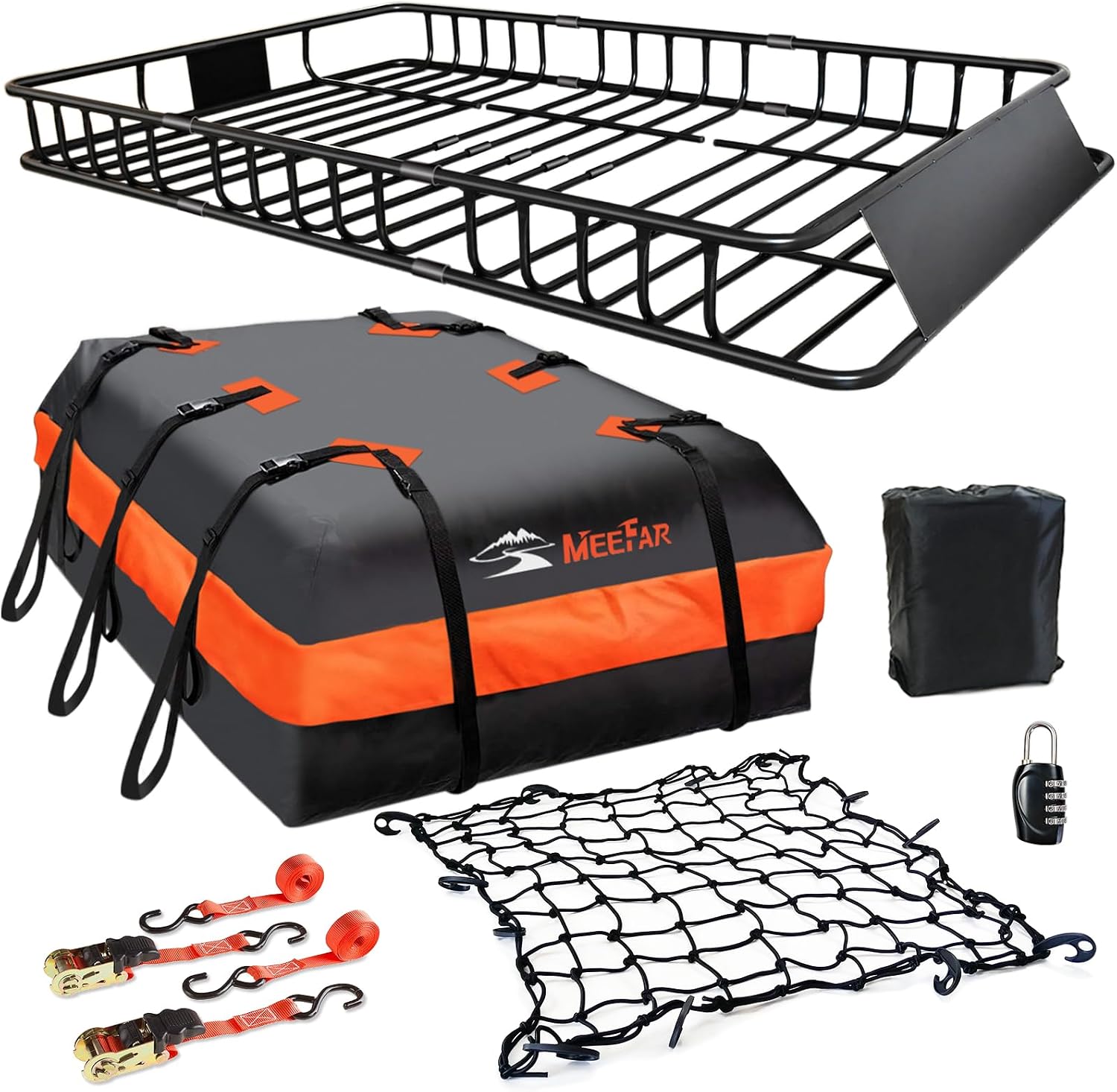 Roof Rack Rooftop Cargo Carrier Basket 65"*39"*6"+Waterproof Bag 20 Cu.Ft. | Roof Basket include Cargo Net with Hooks,Ratchet Straps,Combination Lock|200 Lbs Capacity,Universal Rooftop Large Roof Rack