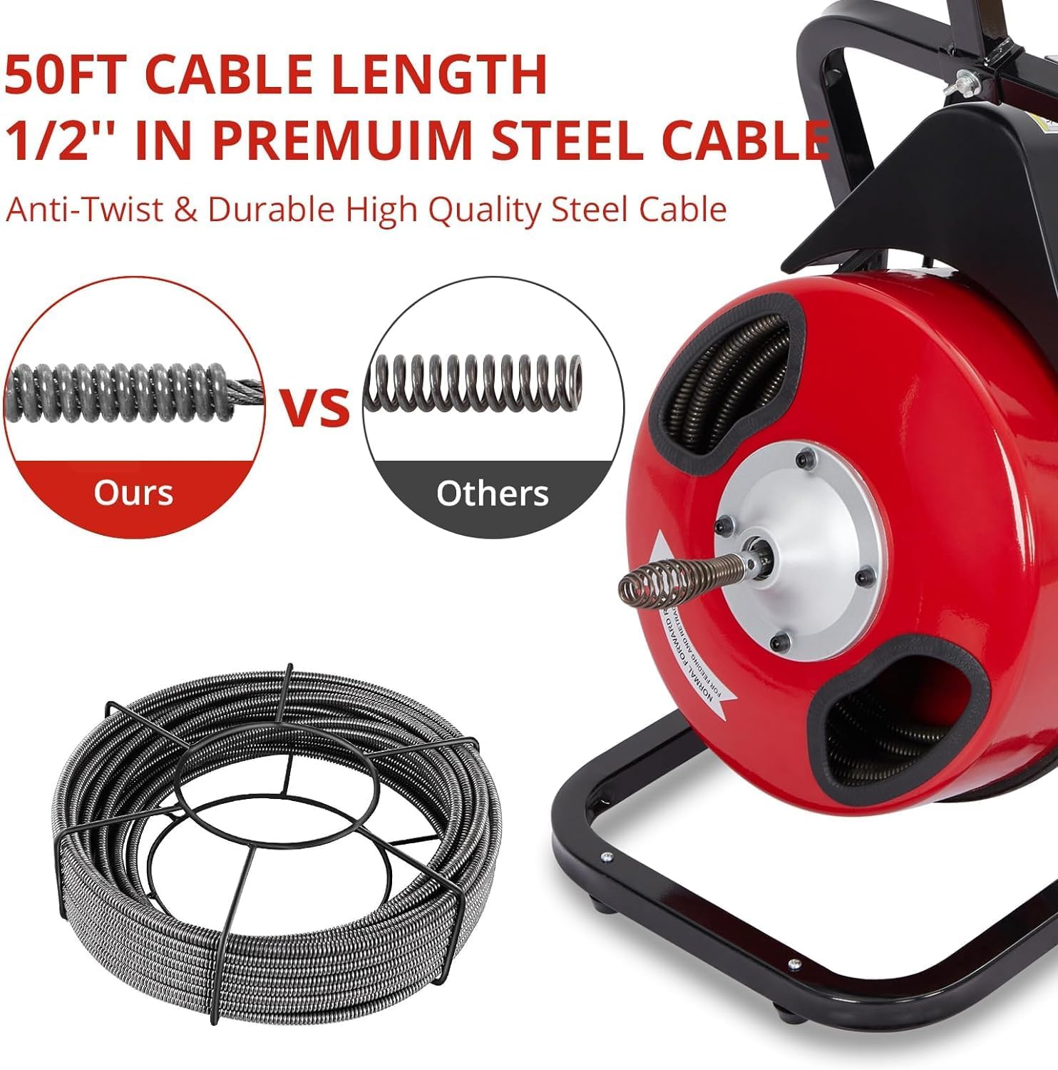 Drain Cleaning Machine, 50FT x 1/2 Inch Professional Electric Drain Auger with 4 Cutters & Foot Switch and Pair of Gloves for 1 to 4 Inch Pipes, Red