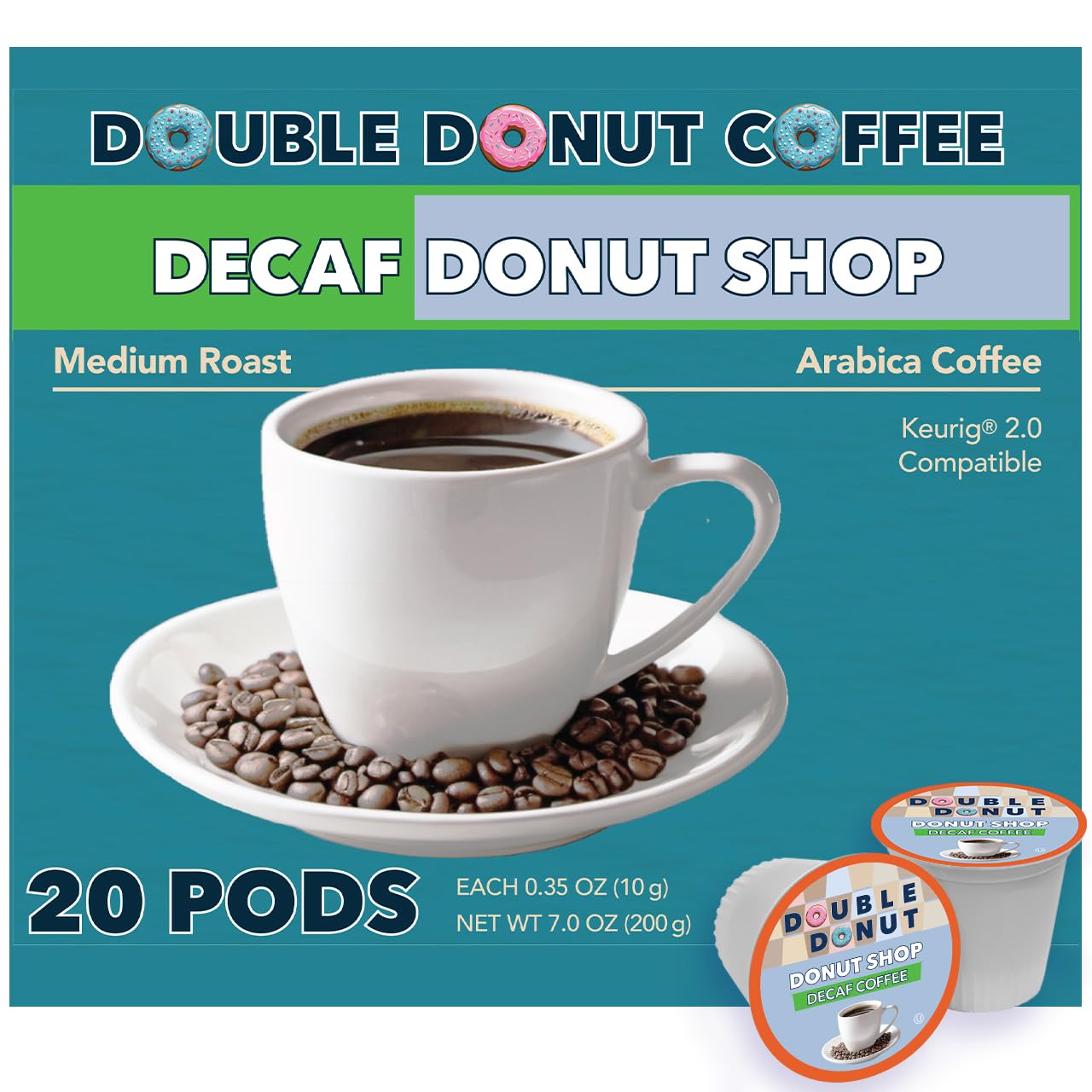Double Donut Coffee Double Donut Medium Roast Decaf Coffee Pods, Classic, for Keurig K-Cup Machines, 24 Single-Serve Capsules per Box