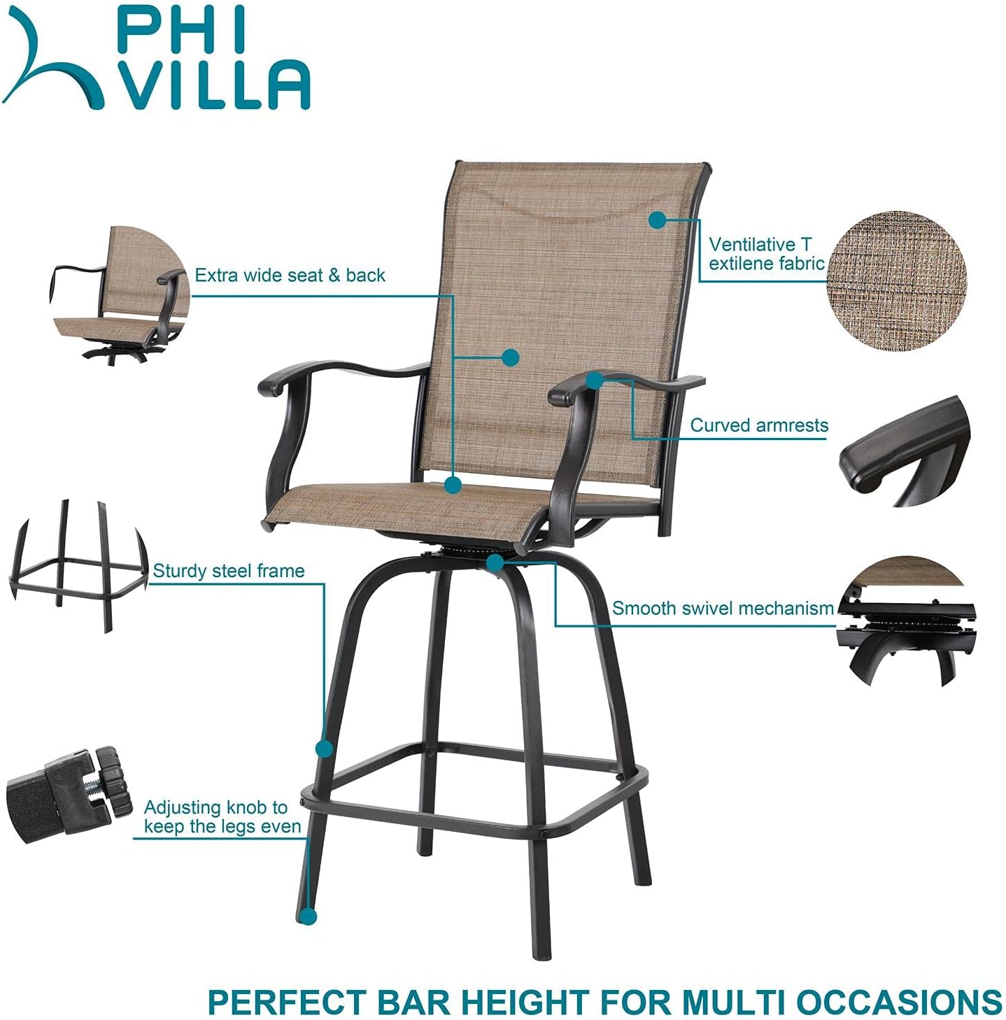PHI VILLA Bar Height Patio Table and Chairs Set for 2