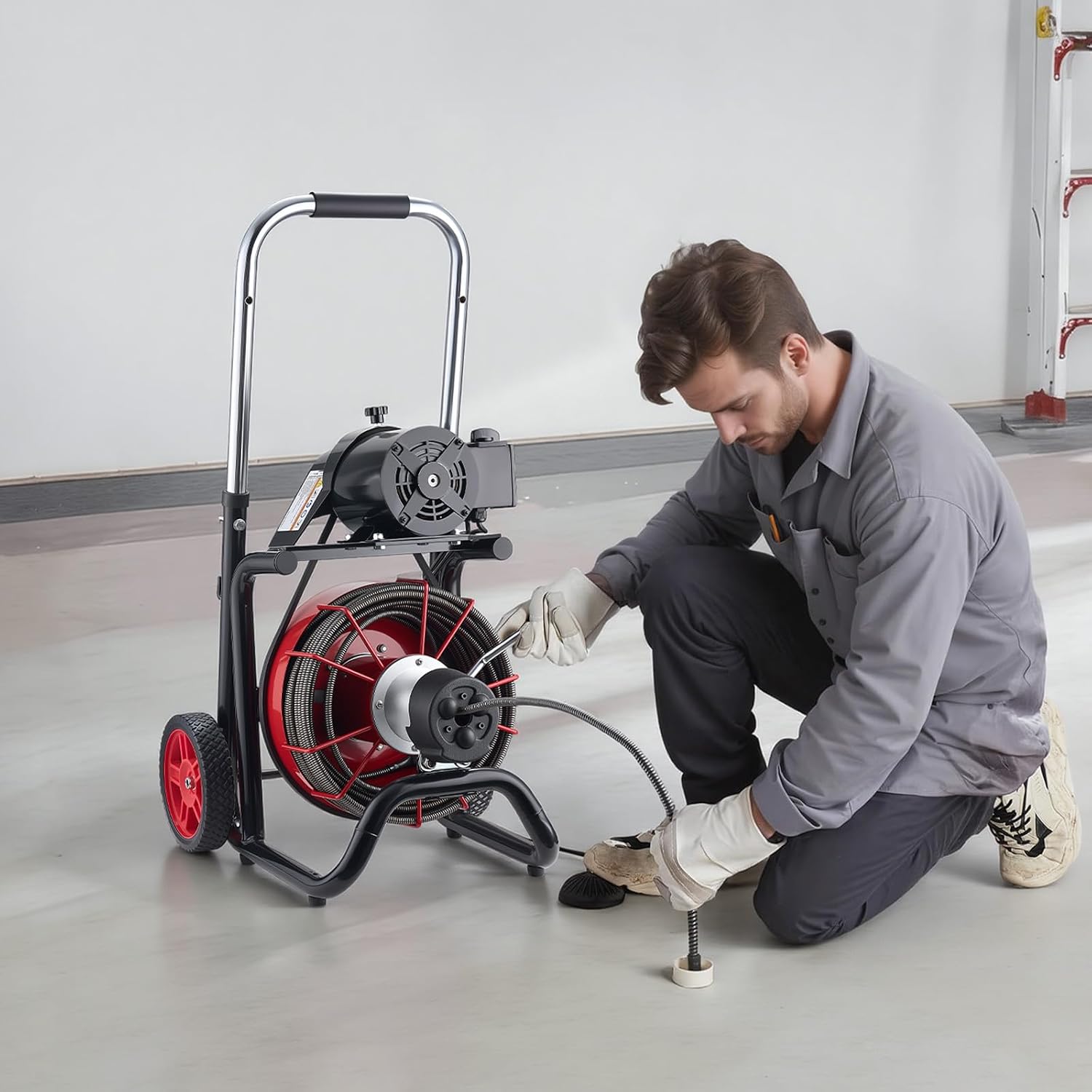 VEVOR Drain Cleaner Machine 75 FT x 3/8 Inch, Sewer Snake Auger Manual Feed with 4 Cutters & Air-activated Foot Switch for 2" to 4" Pipes