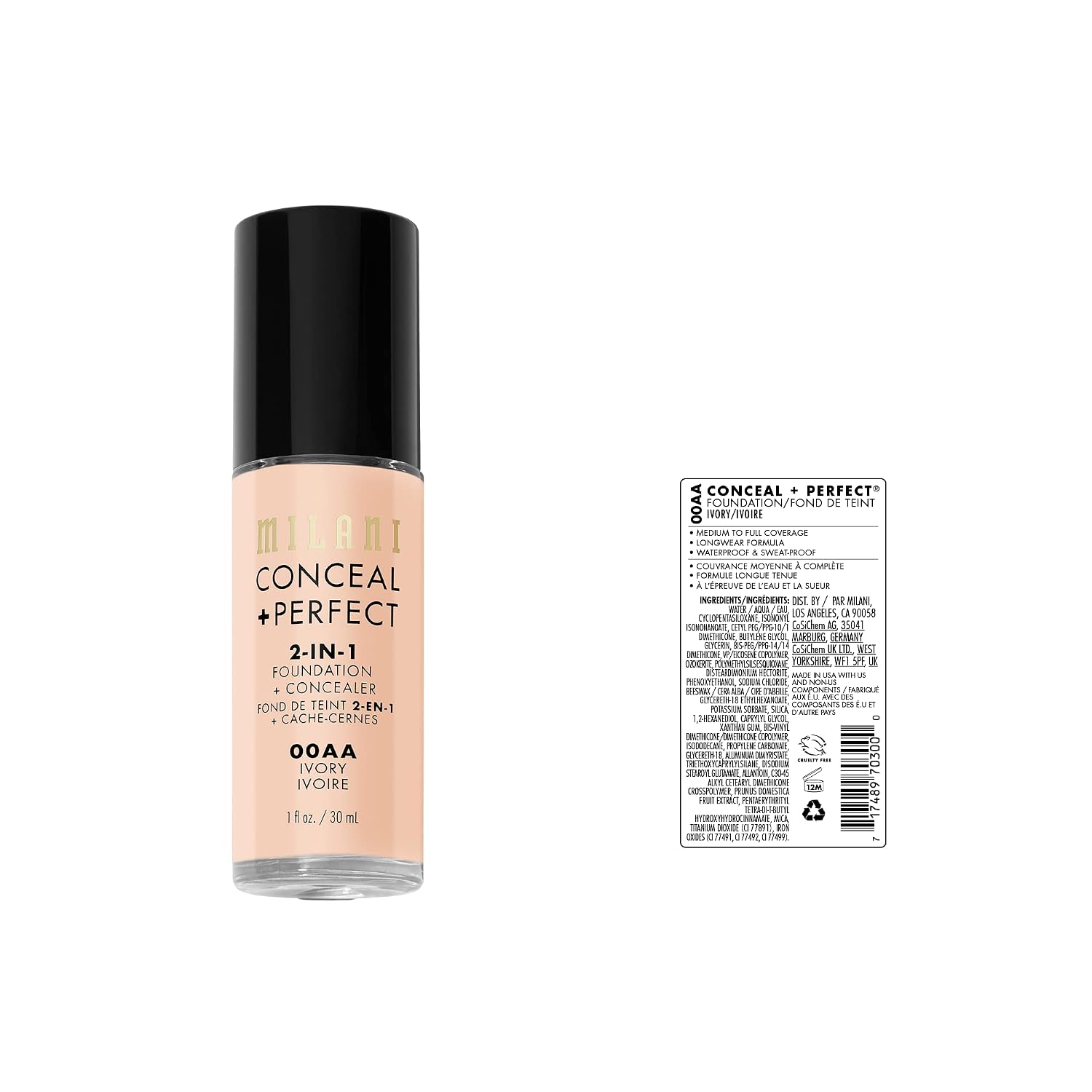 Milani Conceal + Perfect 2-in-1 Foundation + Concealer Makeup -13-Chestnut | Medium-To-Full Coverage, Natural-Matte Finish. Under Eye Corrector, Cover Redness & Imperfections. Waterproof & Sweat-Proof.