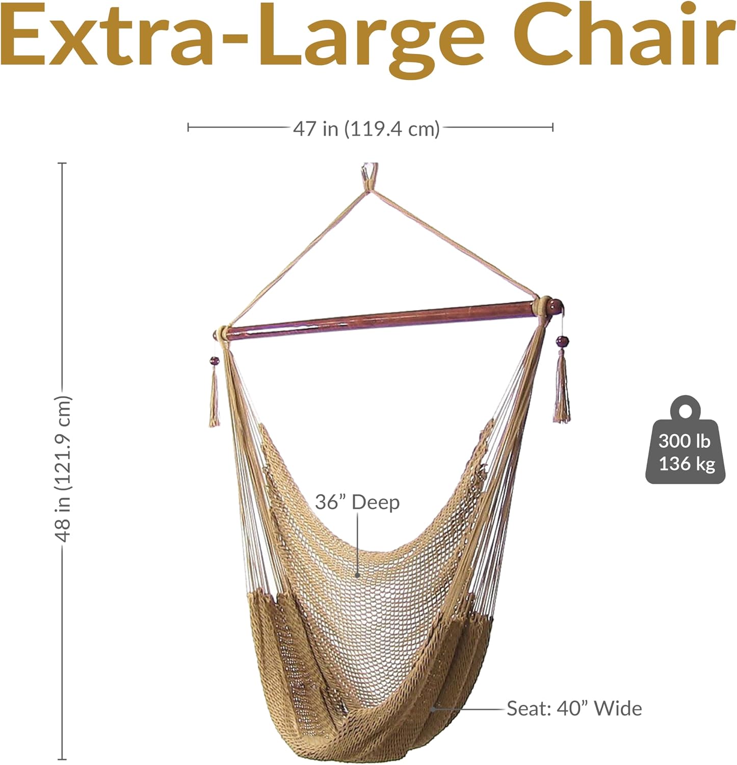 Sunnydaze Hanging Hammock Chair Swing for Patio, Caribbean, Tan | 300 lb Capacity, Wooden Spreader Bar, Woven Polyester, Hang From a Tree, Hammock Chair Stand, or Ceiling, Hammock Swing Chair