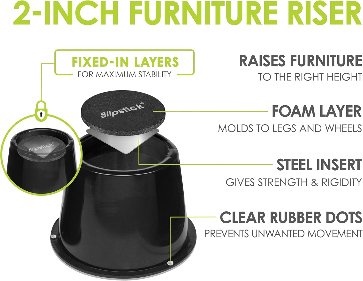 Slipstick CB672 Premium 3 Inch Bed Risers/Furniture Raisers with Steel Reinforced Caster Wheel Holder Top, Lifts Height 3" (4 Pack) Supports 2