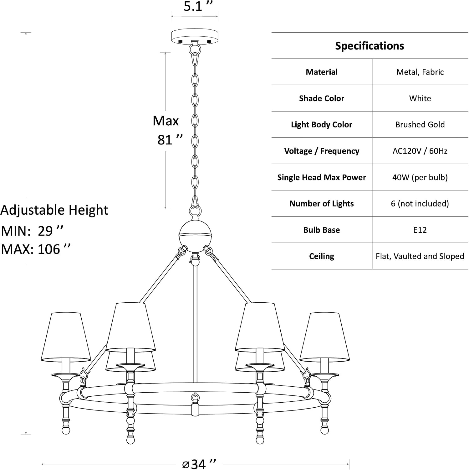 Klgxnrd 6-Light Brushed Gold Wagon Wheel Chandelier with White Fabric Shade | Diameter 34", 5-Layer Electroplated Metal, Height Adjustable 29" To 106"