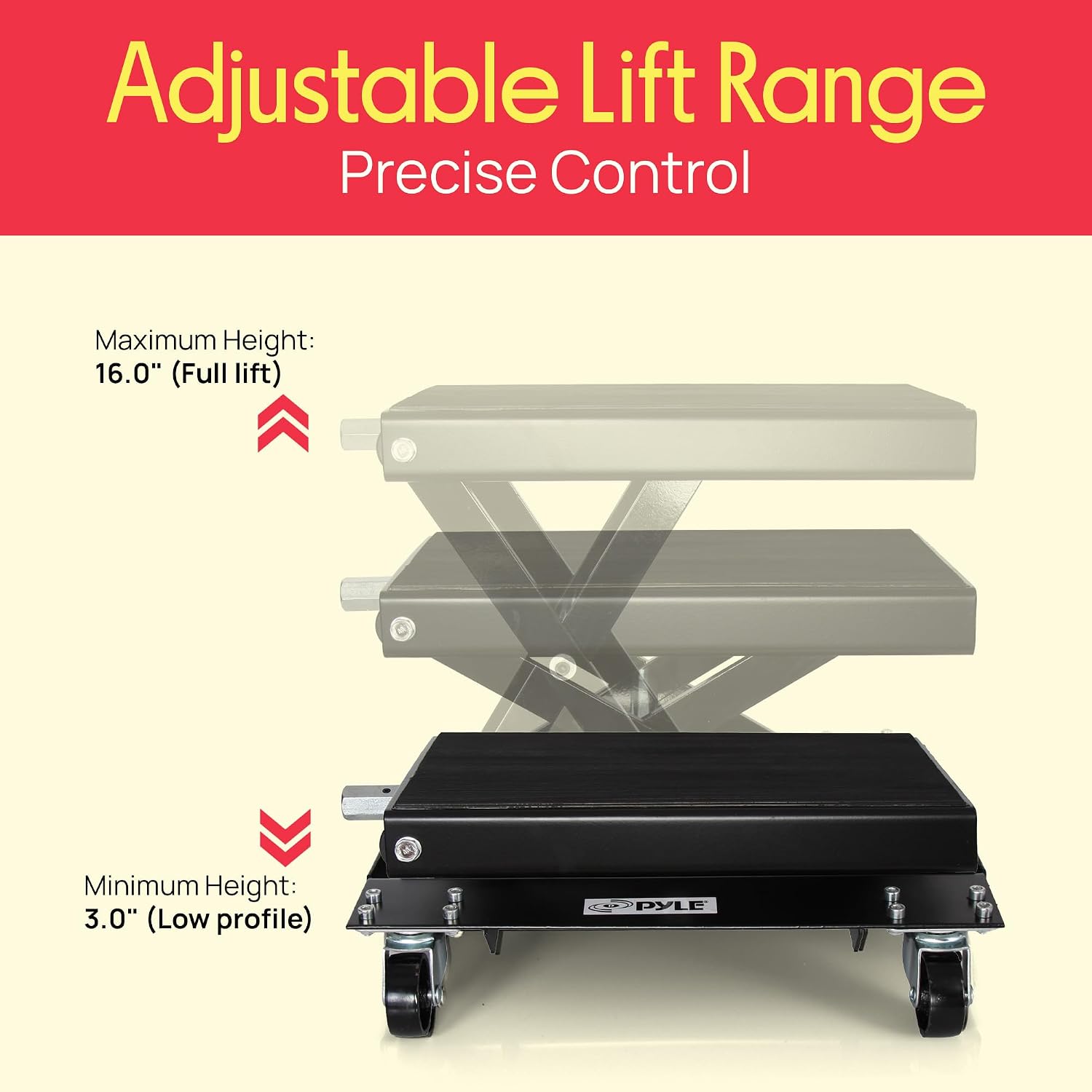 Pyle Motorcycle Lift, Scissor Jack, Dolly, Heavy Duty Steel, 1100 lbs Capacity, Black Powder Coat, Anti-Skid Rubber, Collapsible, Portable
