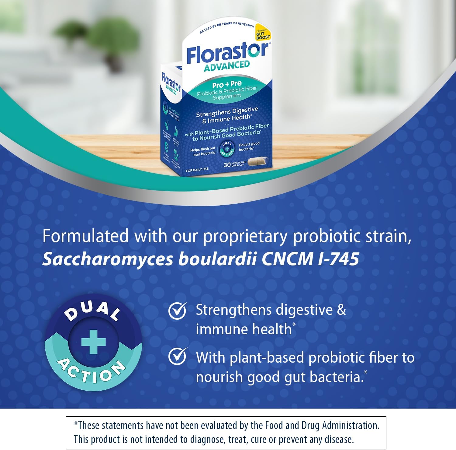 Florastor Advanced Pro+Pre Daily Probiotic and Prebiotic, 30 Capsules | Boosts Good Bacteria with Saccharomyces Boulardii CNCM I-745