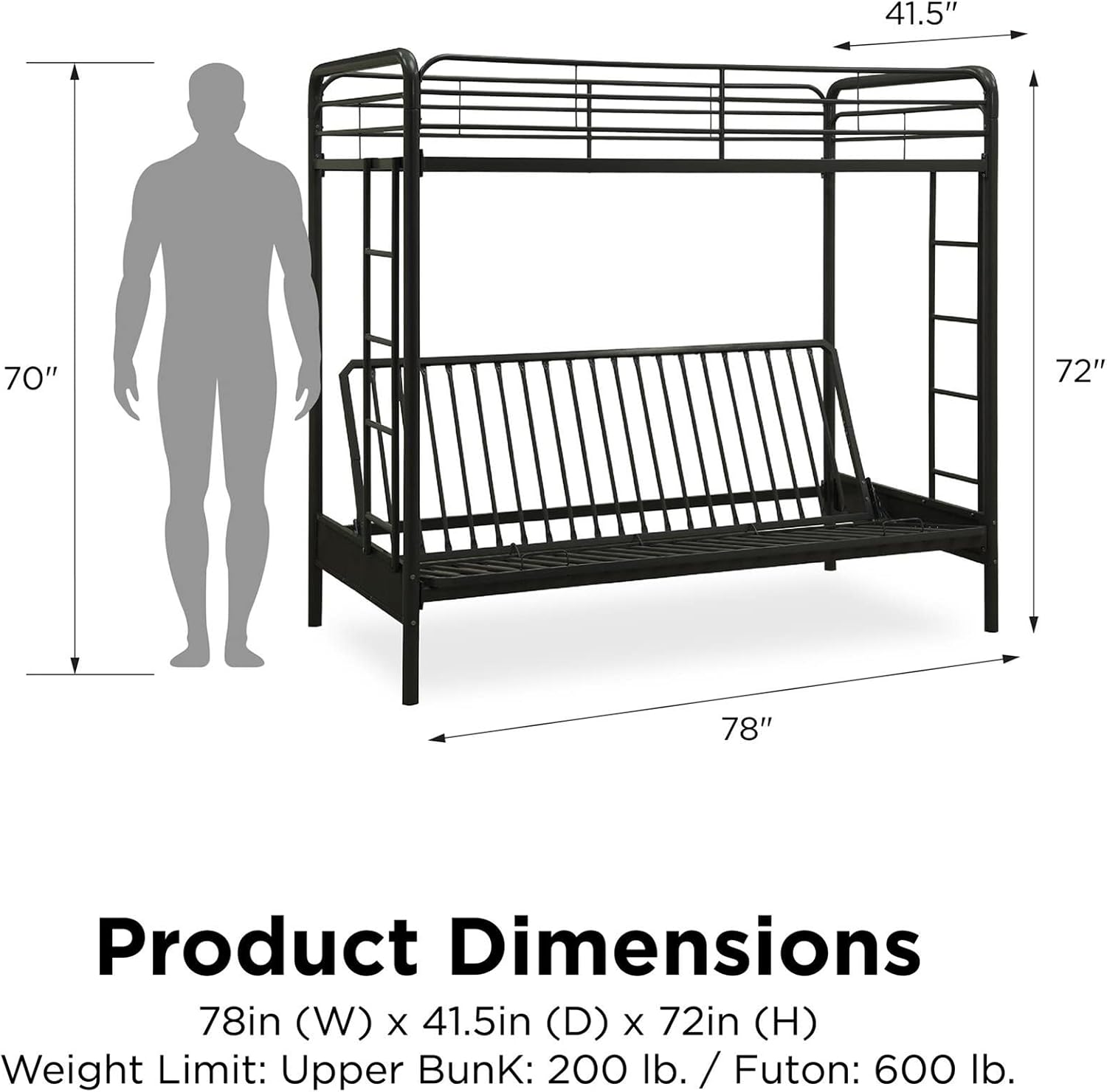 DHP Twin-Over-Futon Convertible Couch and Bed with Metal Frame, Ladder and Guardrails - Black