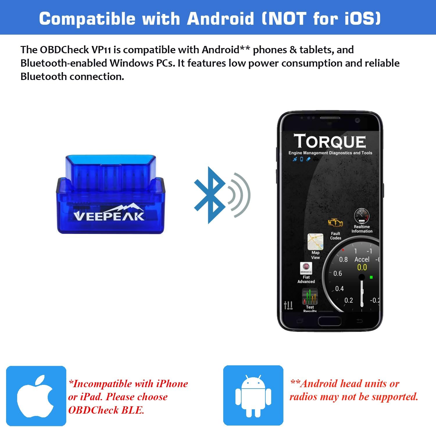 Veepeak Mini Bluetooth OBD2 Scanner Code Reader for Android (NOT for iOS) | Incompatible with iPhone or iPad. Check engine light diagnostics & live