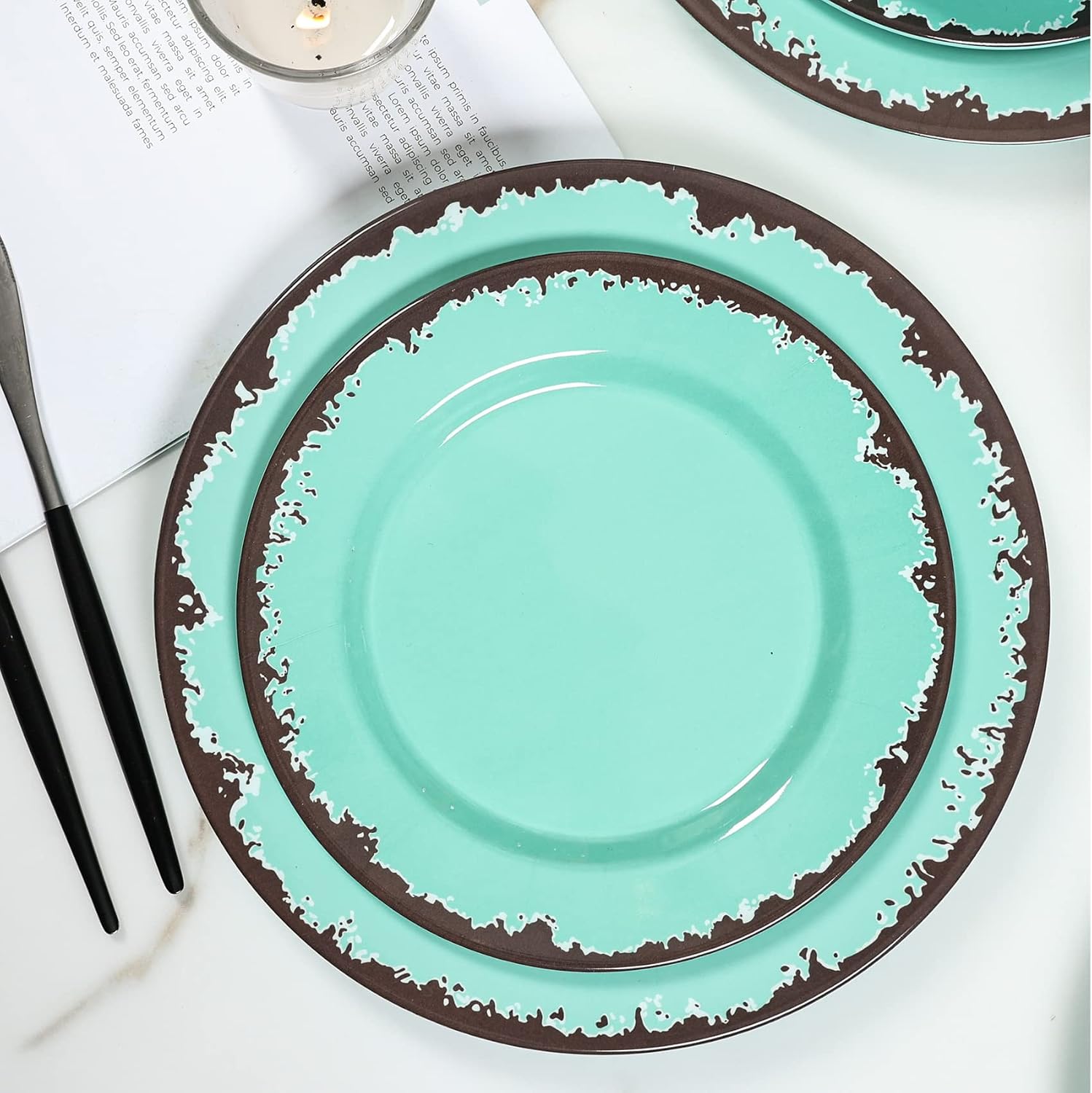 Rustic Melamine Dinnerware Set,12-Piece Plates and Bowls Sets,Yinshine Unbreakable Melamine Dish Set,Lightweight,Service for 4,Dishwasher Safe,Green