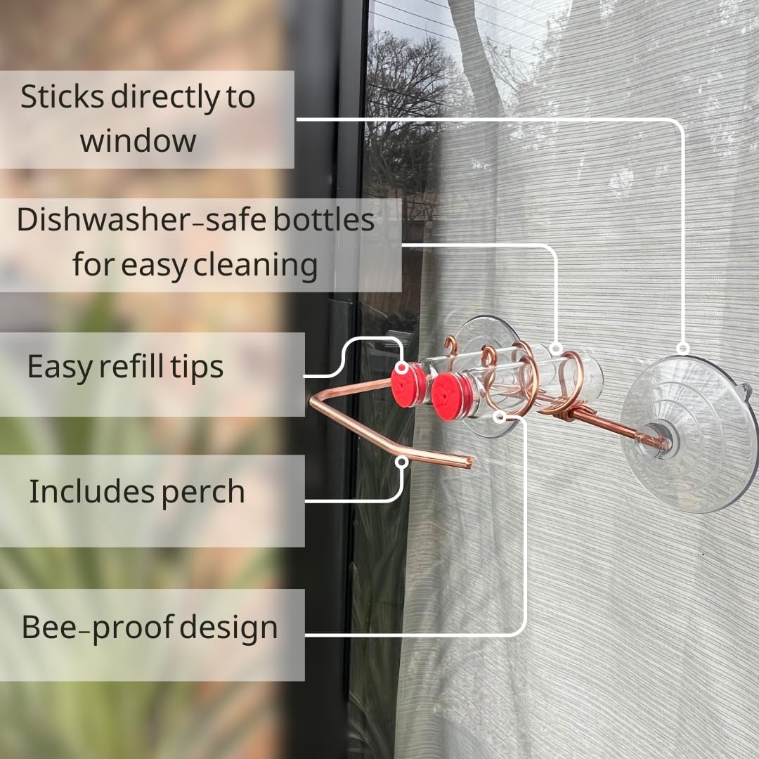 Window Hummingbird Feeder | Handcrafted Copper and Aluminum | Multiple Stations | Modern Hummingbird Feeder | Glass Bottles | Suction Cups (Copper, Four Station)
