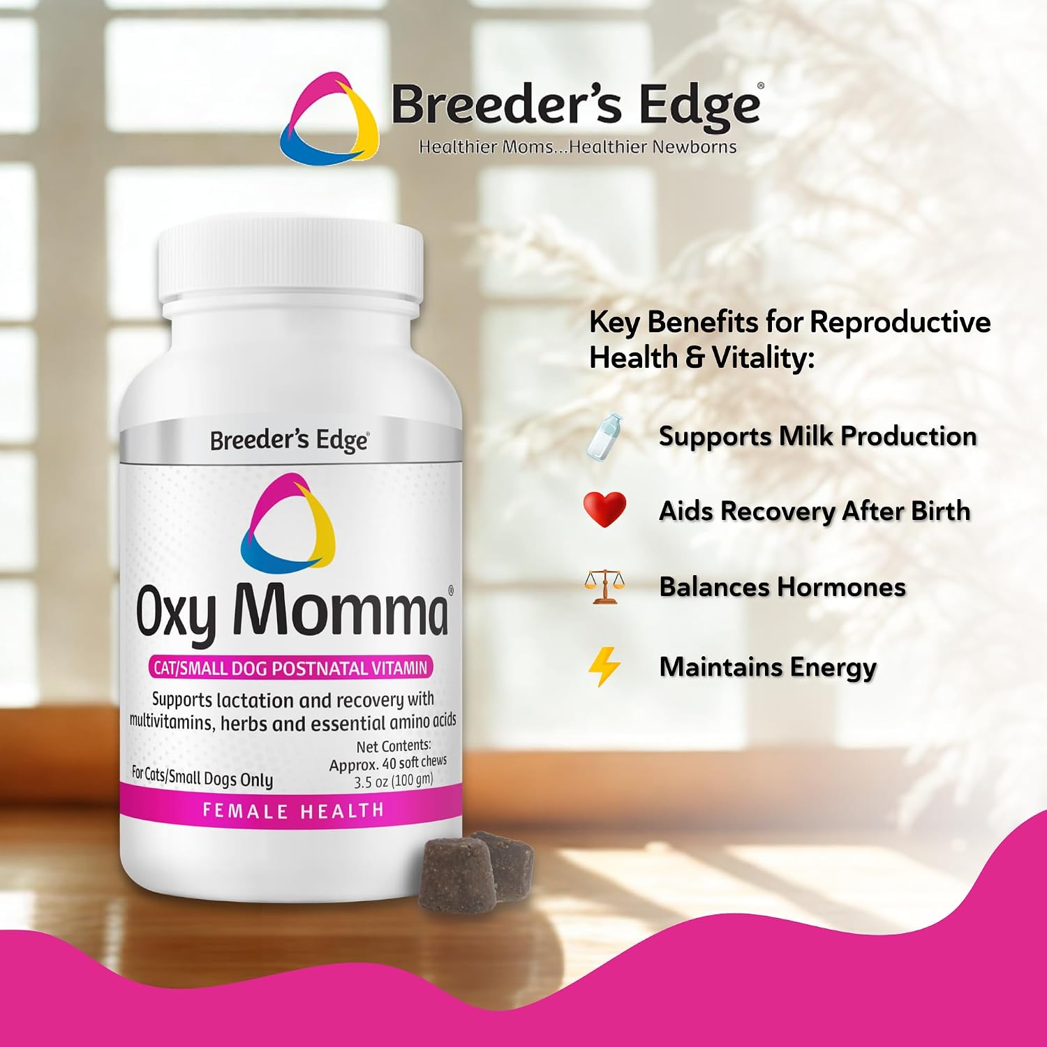 Breeder's Edge Oxy Momma Soft Chews, Postnatal Vitamin Supplement for Lactating Dogs and Cats, Supports Recovery, Hormones, and Next Pregnancy - for Medium & Large Dogs, 40ct Soft Chews