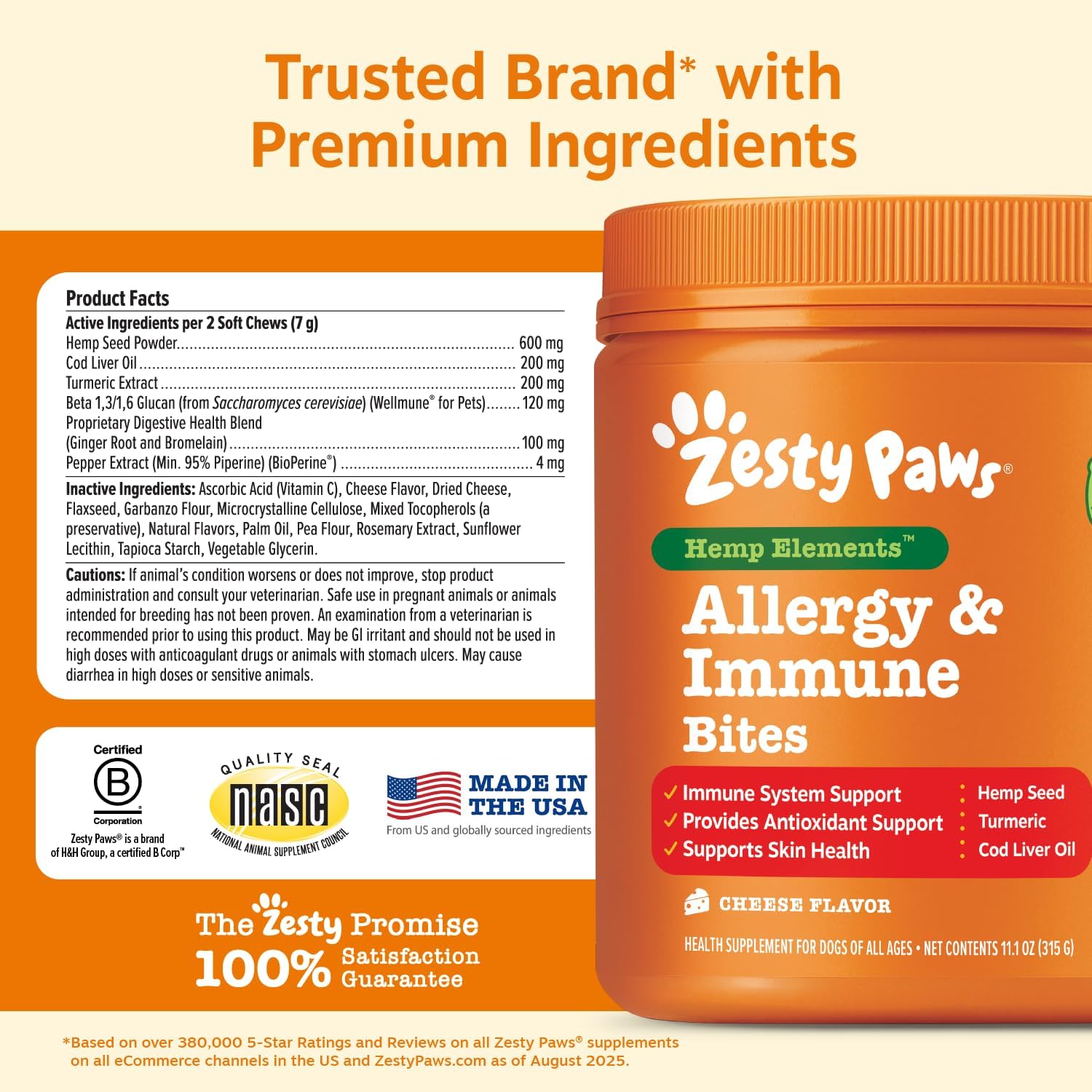 Zesty Paws Allergy Immune Bites - Dog Allergy Chews, Dog Probiotics for Itchy Skin and Ears, Lamb, 90ct