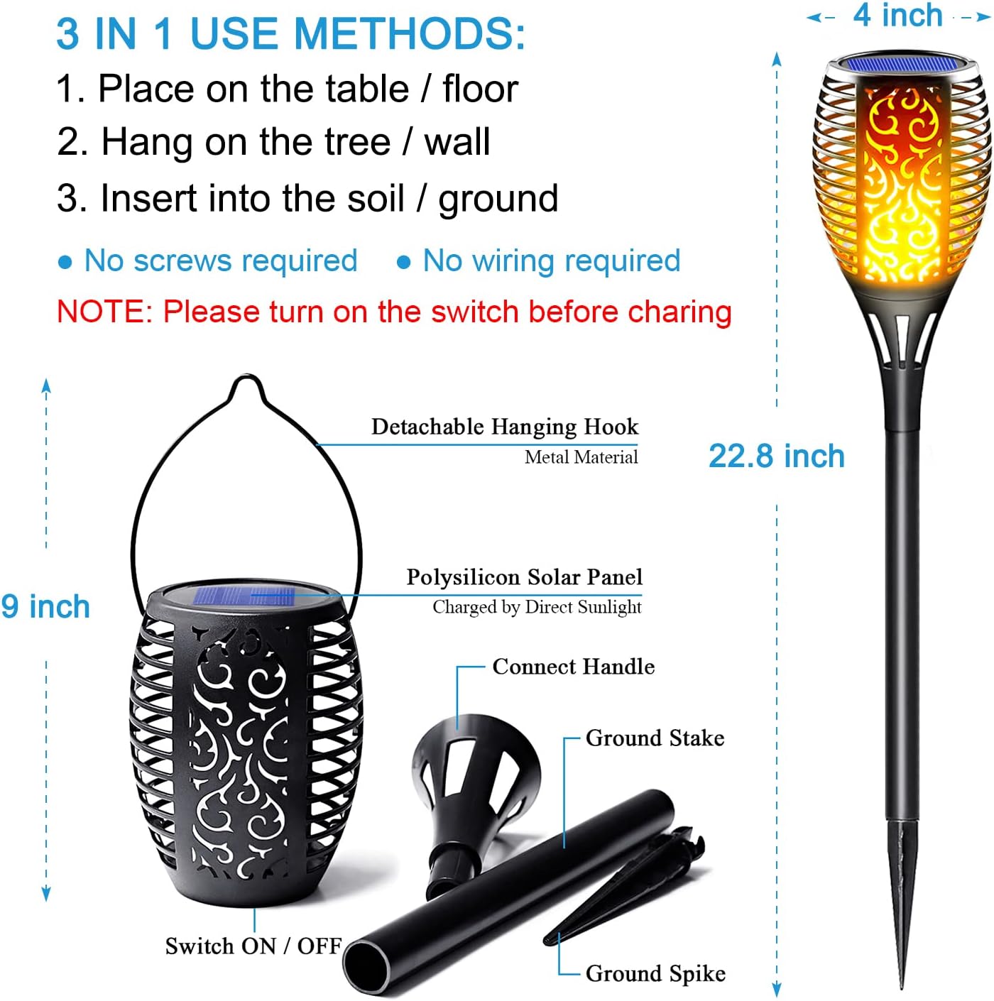 Solar Torch Lights Outdoor Flickering Flame, 8 Pack