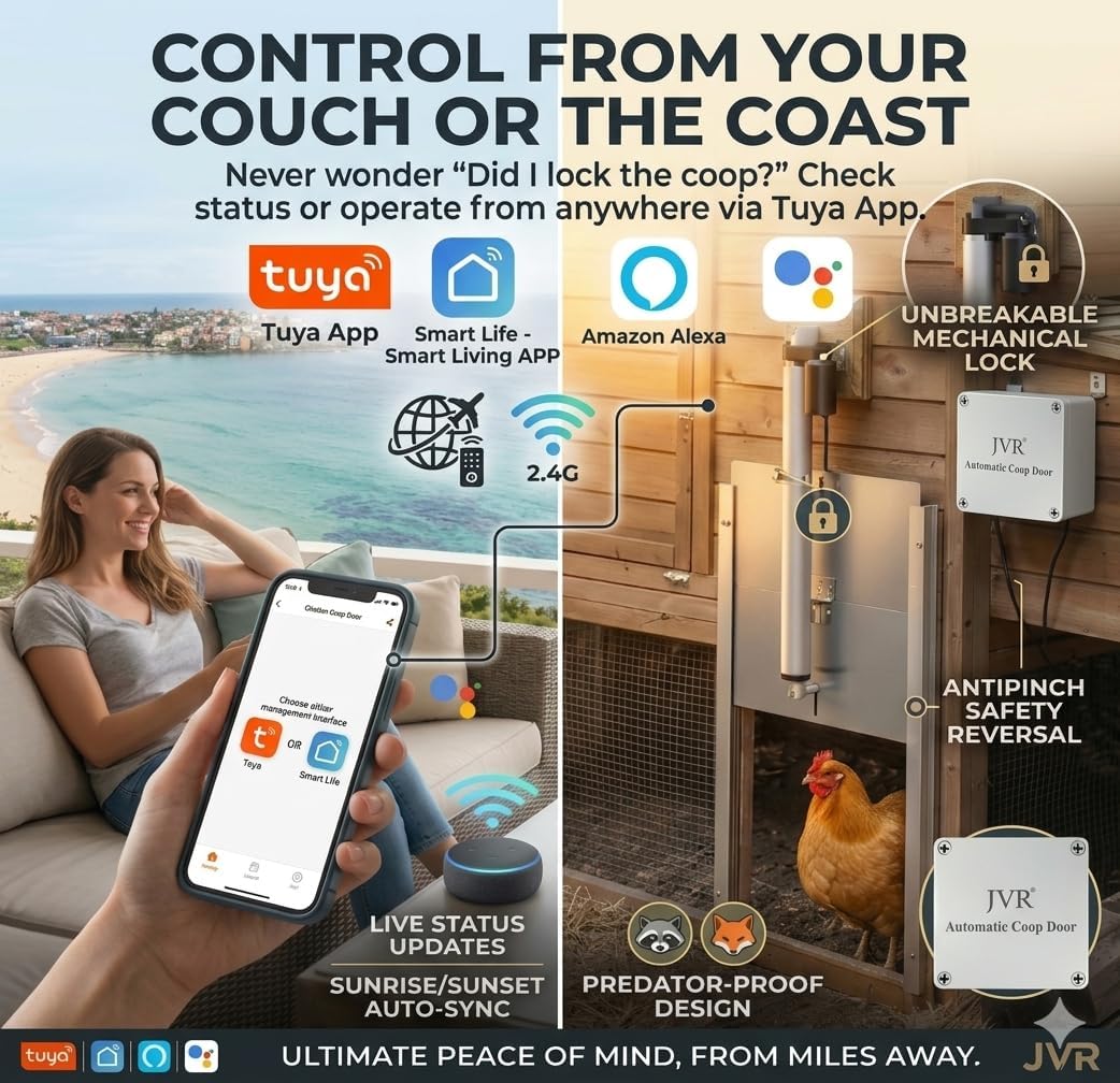 JVR WiFi Chicken Coop Door, App Alexa Control, Sunrise Sunset, Anti-Pinch