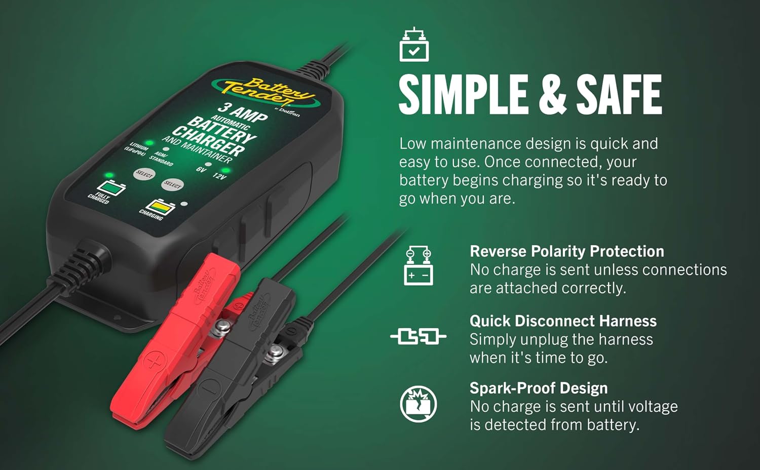 Battery Tender 3 AMP Battery Charger and Maintainer - Automotive Switchable 12V or 6V Smart Automatic for Cars SUVs and Trucks - Lead Acid, AGM, Gel
