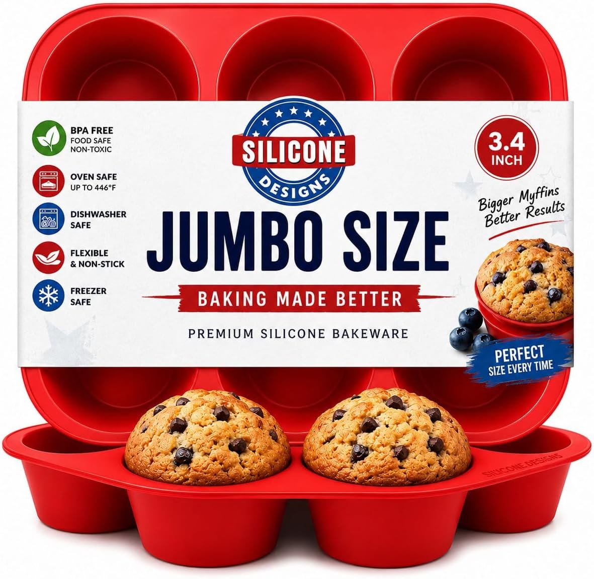 Silicone Texas Muffin Pan 6-Cups, Jumbo Muffin Pan Set of 2, BPA-Free Non-Stick Cupcake Maker, 10.75L x 7.5W for Baking