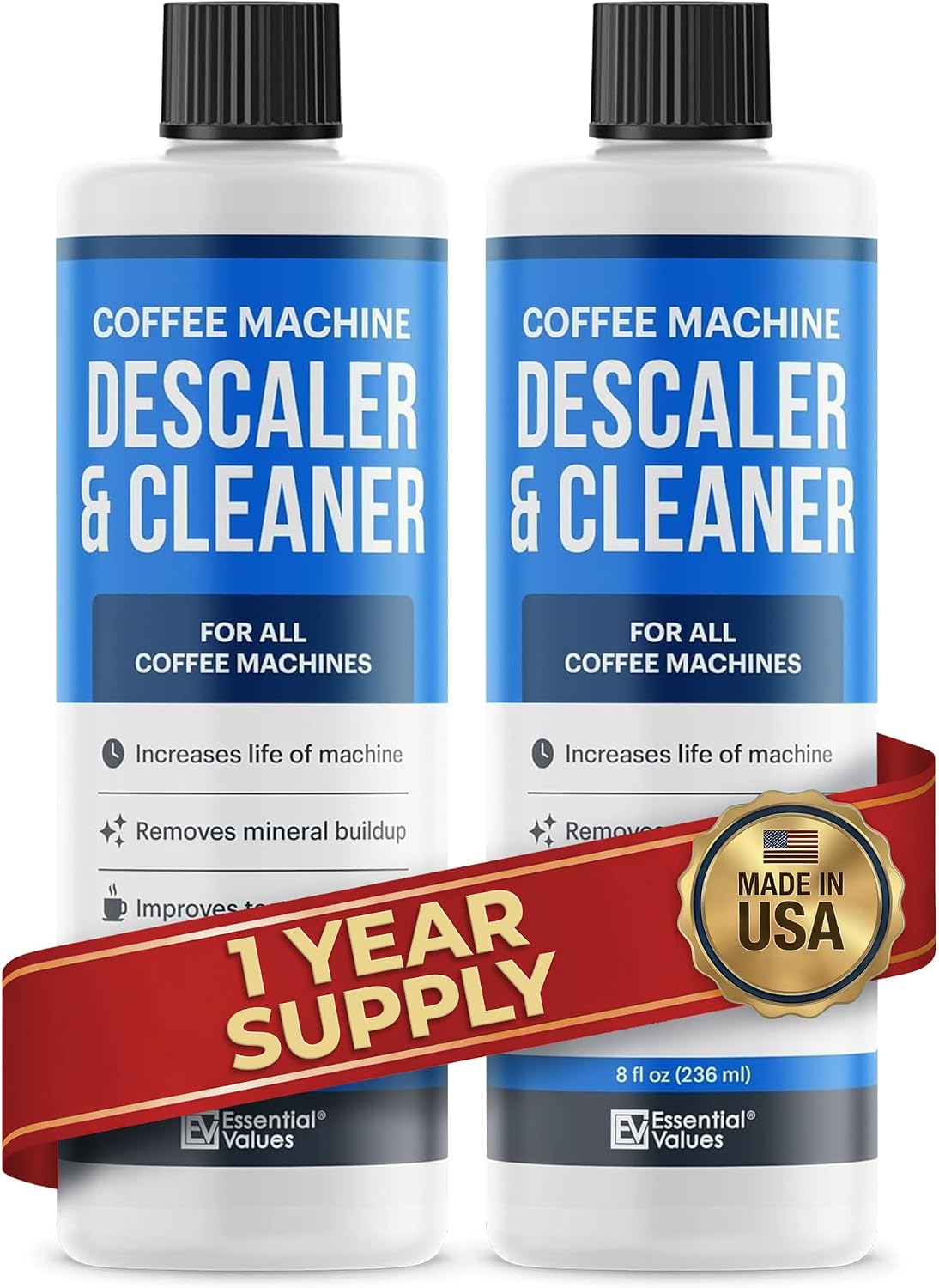Essential Values Universal Descaling Solution, Made in the USA for Delonghi, Keurig, Breville,Nespresso (2 Uses) Coffee Machine Descaler Cleaner for all Automatic Coffee Makers & Espresso Machines