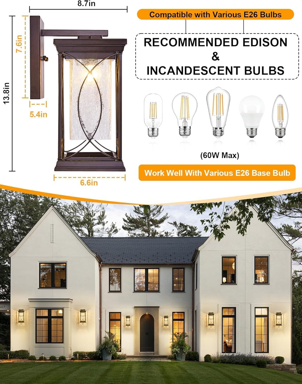 Dusk to Dawn Modern Outdoor Coach Lantern Exterior Light Fixtures Black Aluminum with Crack-Like Glass Waterproof Wall Sconce Mission Outside Light