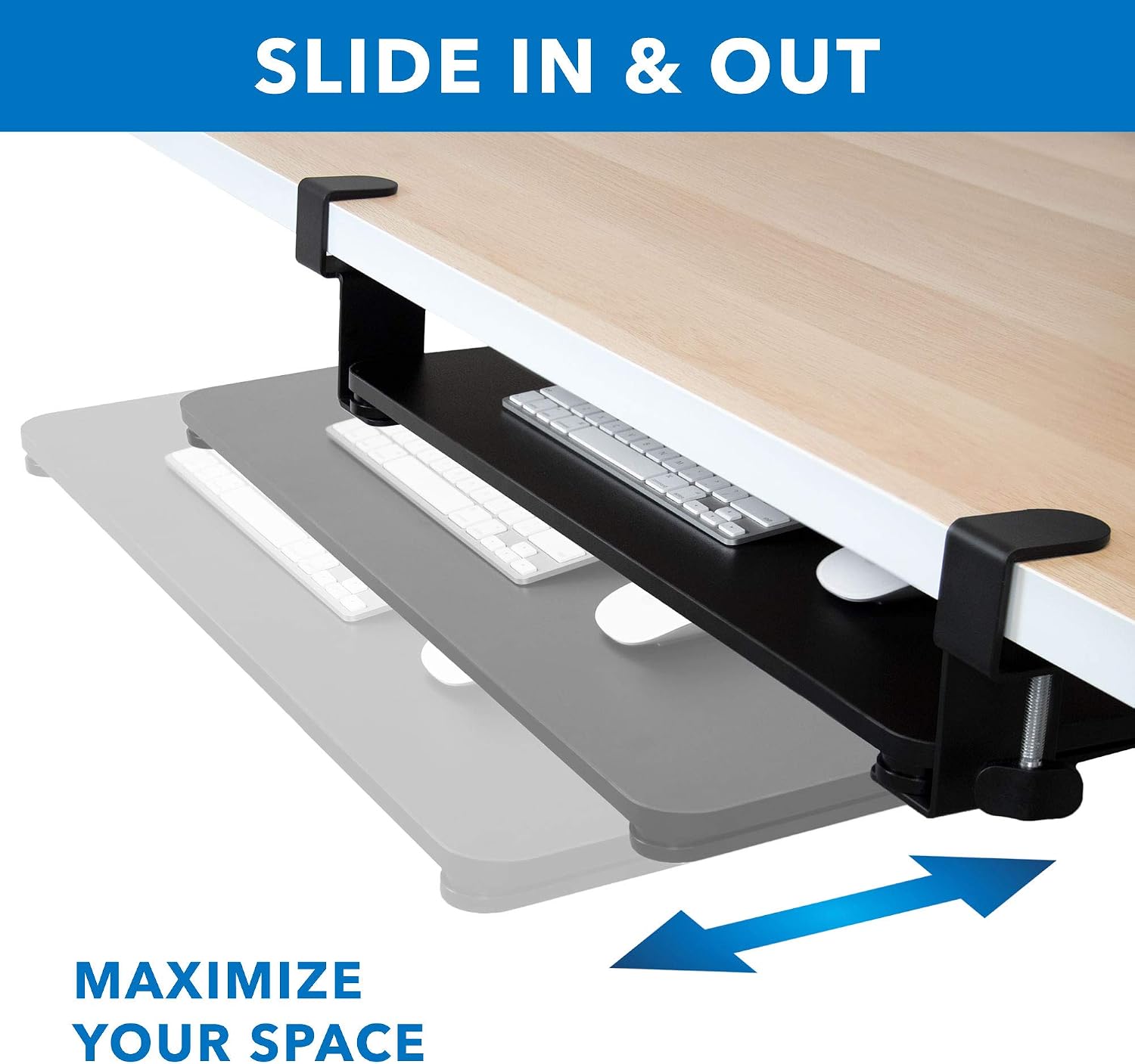 Mount-It! Clamp-On Under Desk Keyboard Tray, No-Drill Slide-Out Keyboard & Mouse Platform, 26.4" W × 11.8" D, Adjustable Ergonomic Keyboard Drawer