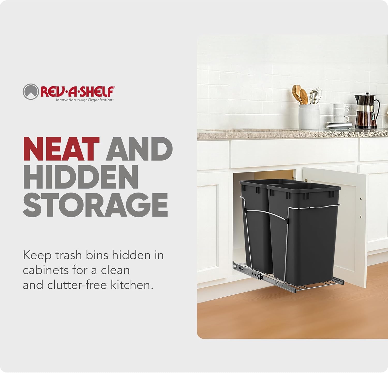 Rev-A-Shelf Double 27 Qt Pullout Trash Can for Base Kitchen Cabinets, Garbage Waste Bin System with Full Extension Slides, Min Opening Width of 11.5", Metallic Silver, RV-15KD-17C S