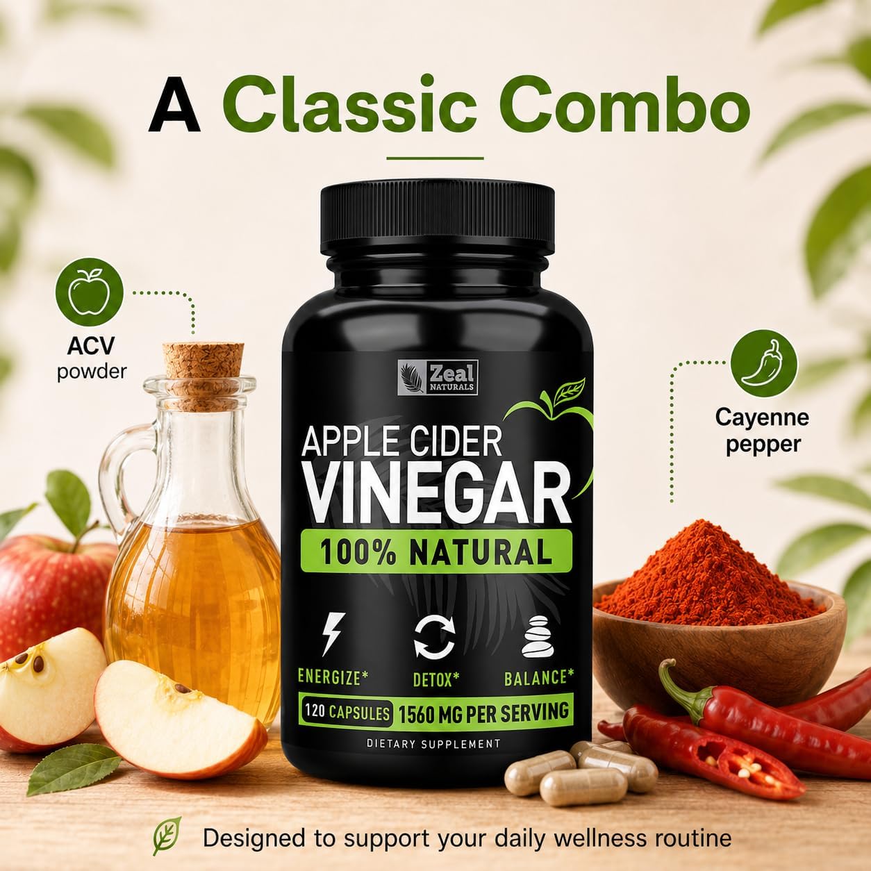 Zeal Naturals Natural Raw Apple Cider Vinegar Capsules (1560mg|120 Capsules) GLP-1 Support for Cravings, ACV Pills w Cayenne Pepper
