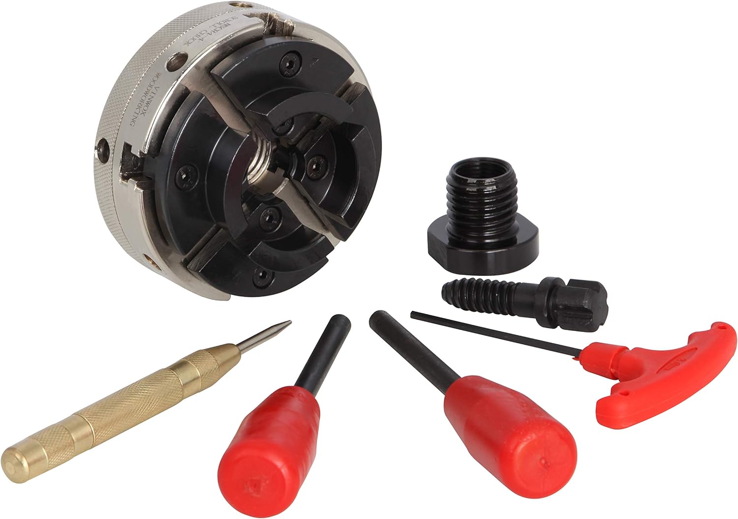 4INCH 4-Jaw Self-Centering Wood Lathe Chuck, 2" Round Jaw Mounted, 1"x8TPI thread & 3/4"x16TPI Adapter, T Allen Wrench, Screw Chuck, SCR4-4