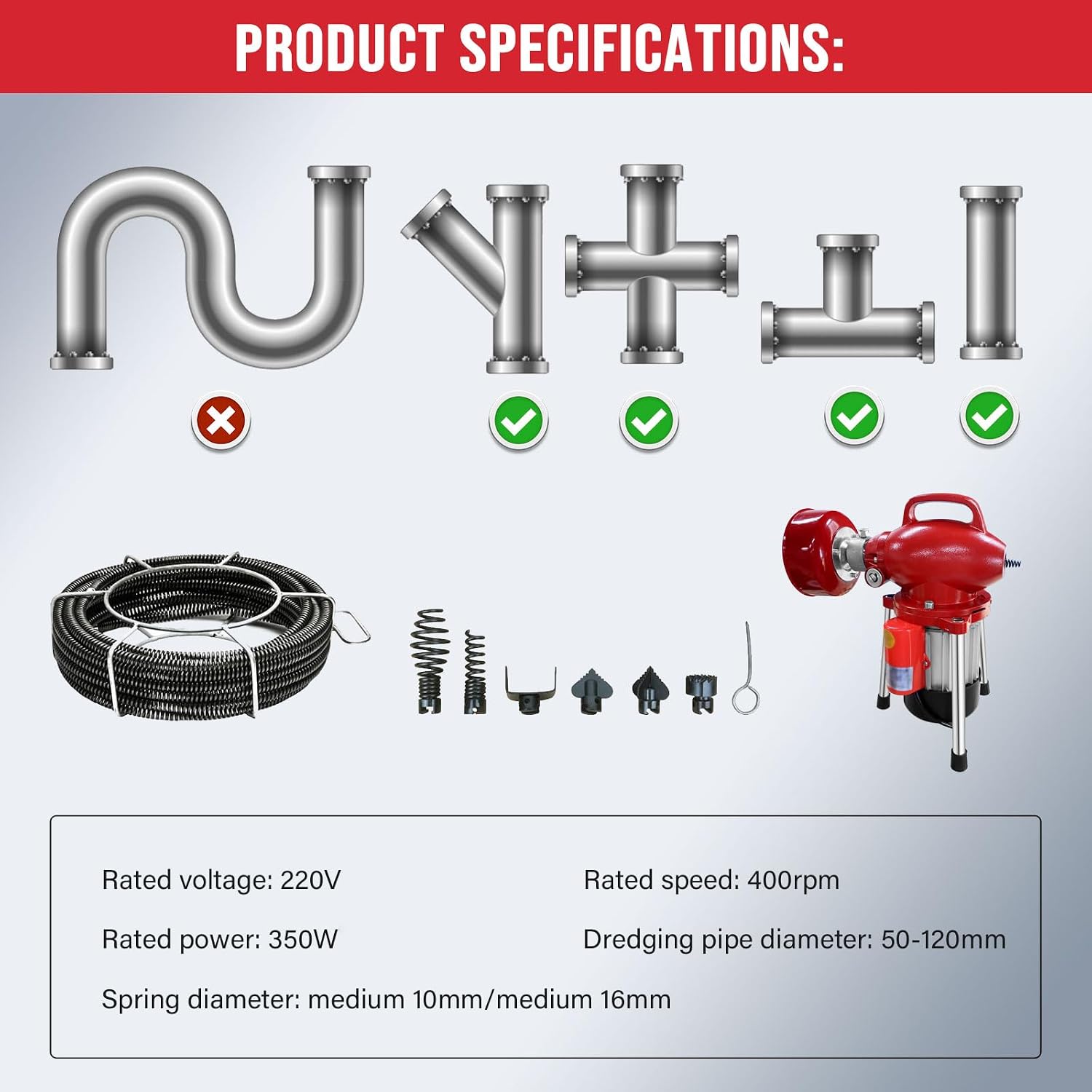 Drain Cleaner Machine 40FT, 350W 2 Cables, Electric Drain Auger for 3/4" to 4" Pipes, Electric Drain Auger with 6 Cutters for Toilet, Sewer, Bathroom
