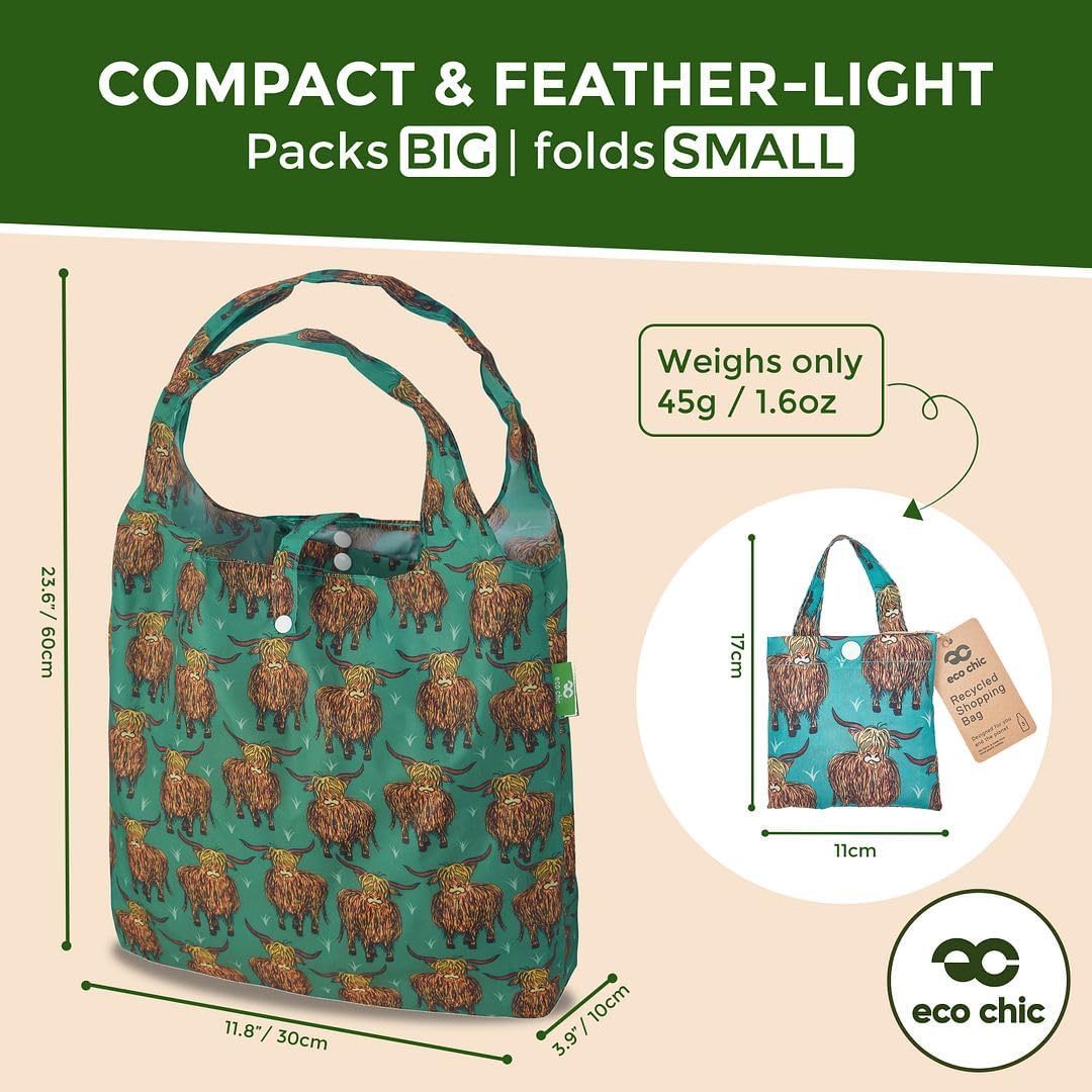 ECO CHIC Foldable Reusable Grocery Bags - Lightweight, Recycled & Reusable Shopping Bag - Waterproof Packable Tote