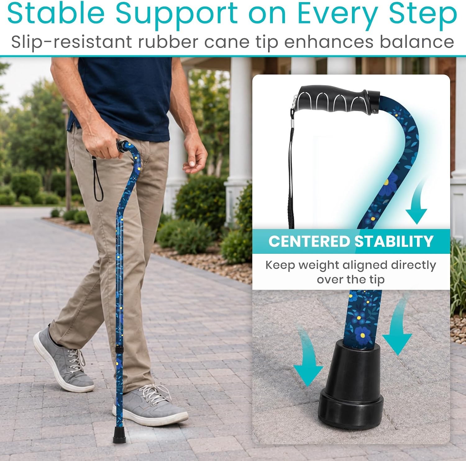 Vive Walking Cane for Women, Men, Elderly - Patented Offset Grip - Lightweight Adjustable Walking Aid with a Non-Slip Tip - Sturdy Balancing Mobility Aid for Seniors