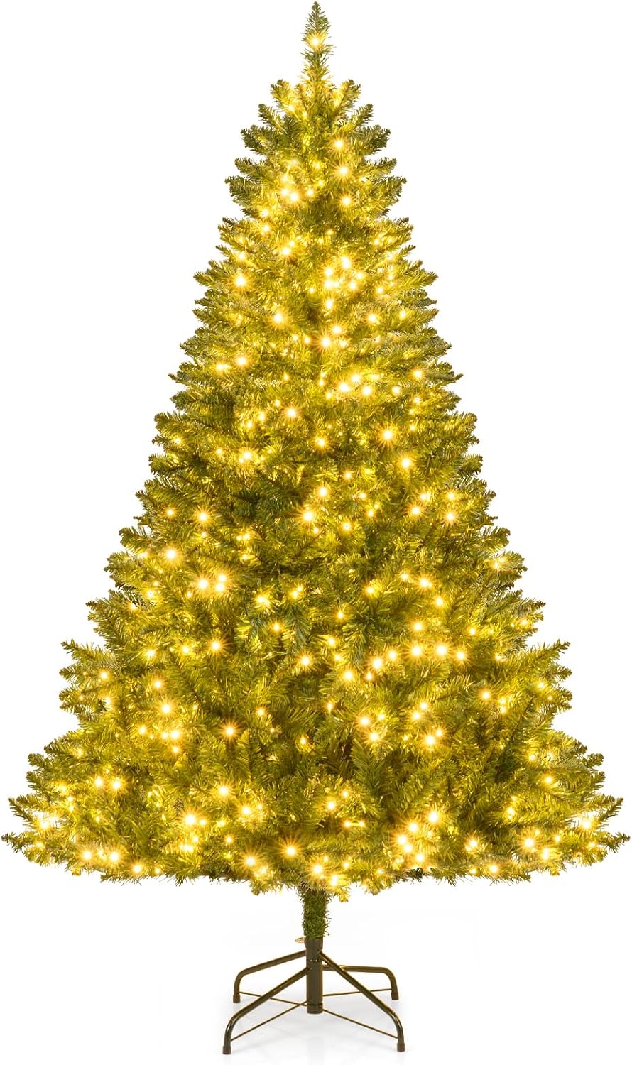 Goplus 7.5ft Pre-Lit Artificial Christmas Tree, Premium PVC Snow Flocked Hinged Pine Tree with Metal Stand and LED Lights