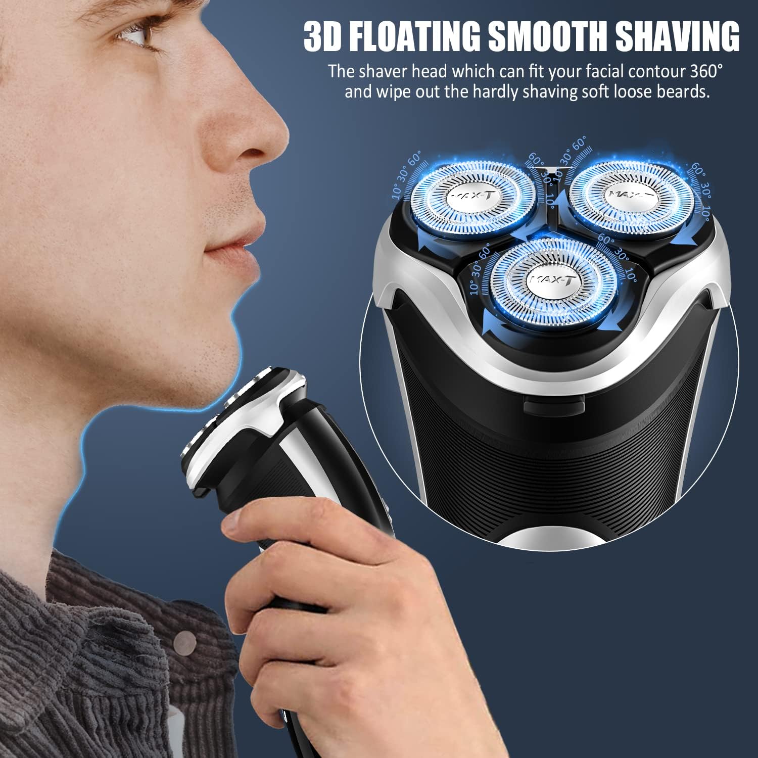 Men's Electric Shaver - MAX-T Corded and Cordless Rechargeable 3D Rotary Shaver Razor for Men with Pop-up Sideburn Trimmer Wet and Dry, IPX7 Waterproof, Plug & Play