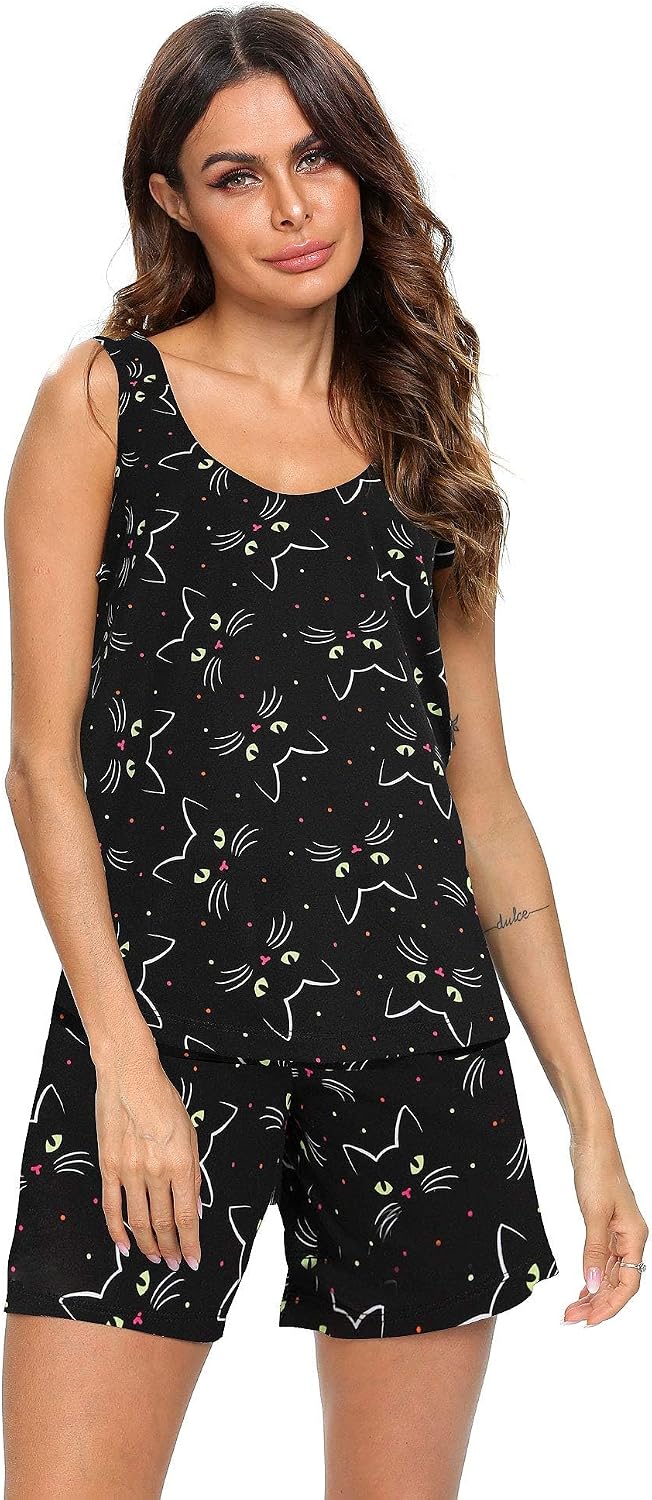 ENJOYNIGHT Womens Pajama Set Cotton Summer Sleep Tank and Shorts Pjs