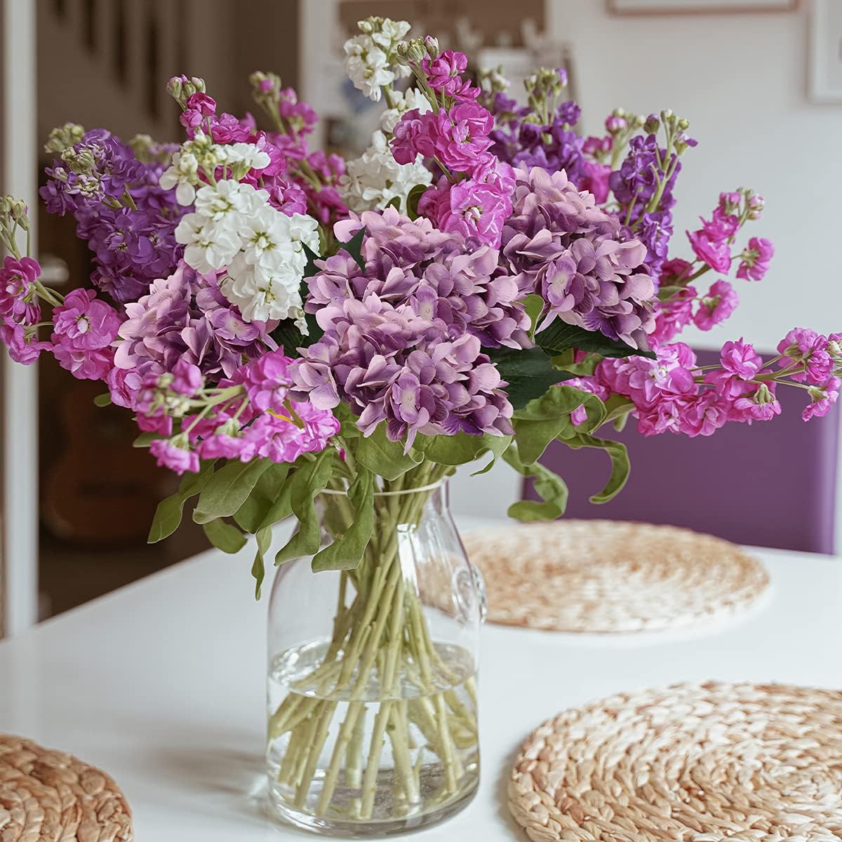 Kisflower 6pcs White Hydrangea Artificial Flowers - Faux Hydrangea Flowers, Fake Silk Flowers for Table Centerpiece