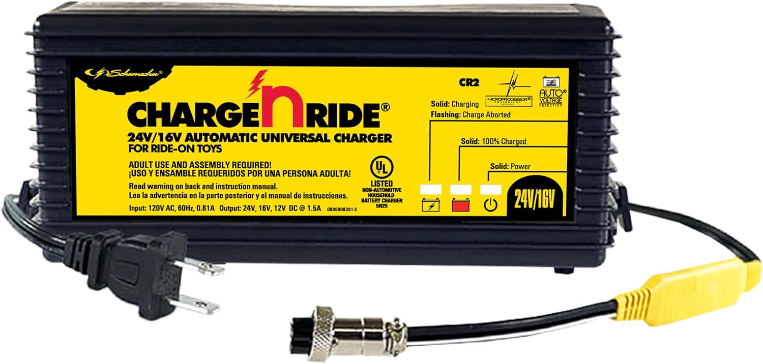 Schumacher Electric Charge 'n Ride Universal Battery Charger and Maintainer for Ride-on Toys, CR1, 2-in-1, Fully Automatic, 3 Amps, 6 Volt, 12 Volt, Use with MotionTrendz, Power Wheels, and Peg Pergo