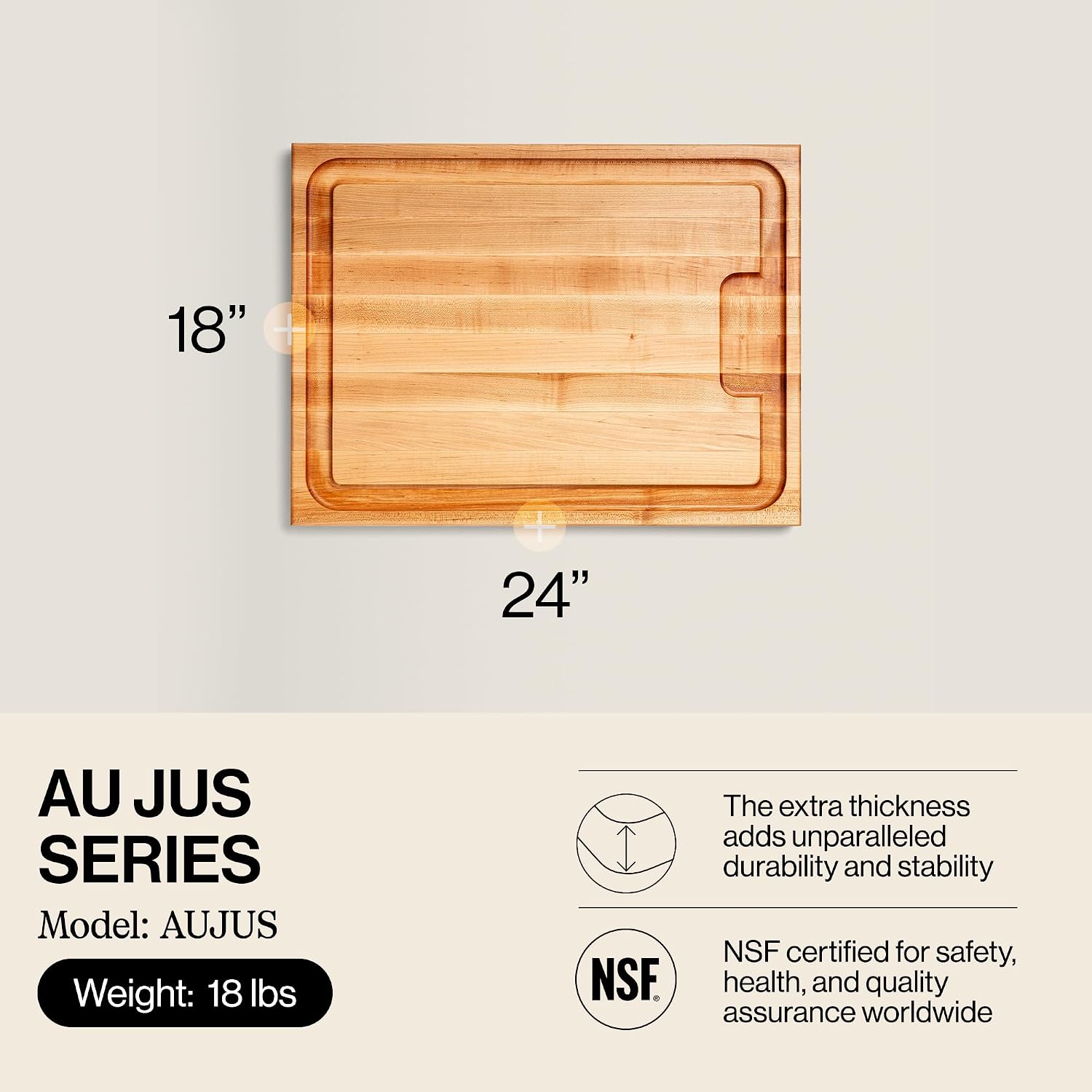 John Boos Aujus Series Rectangular Wooden Maple Cutting Board 20”x15” – 1.5” Thick, 12-lb Reversible Butcher Block with Sloped Juice Groove, Edge-Grain & Finger Grips – Made in the USA