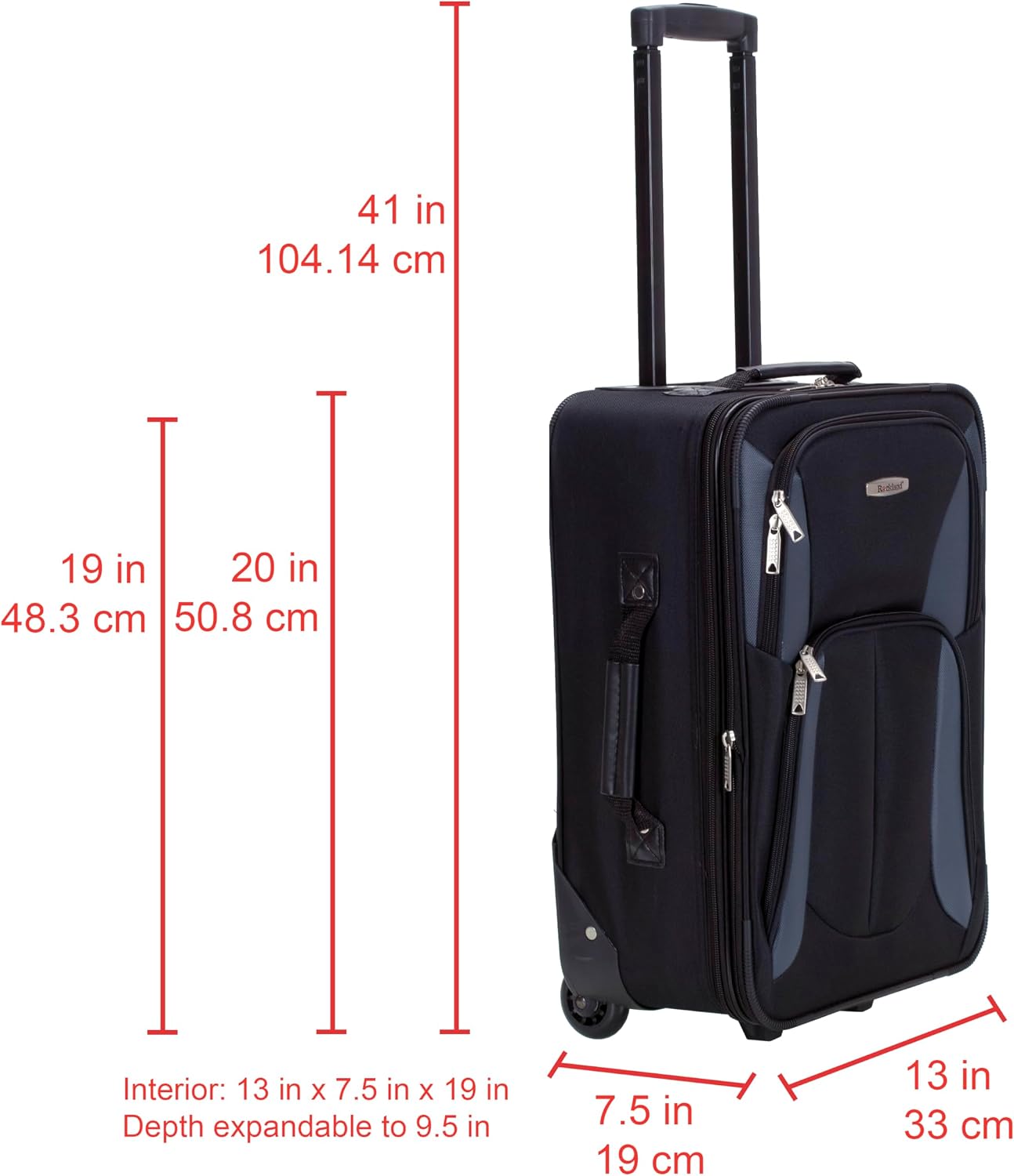 Rockland Fashion Softside Upright Luggage Set,Expandable, Telescopic Handle, Wheel, Black Dot, 2-Piece (14/19)