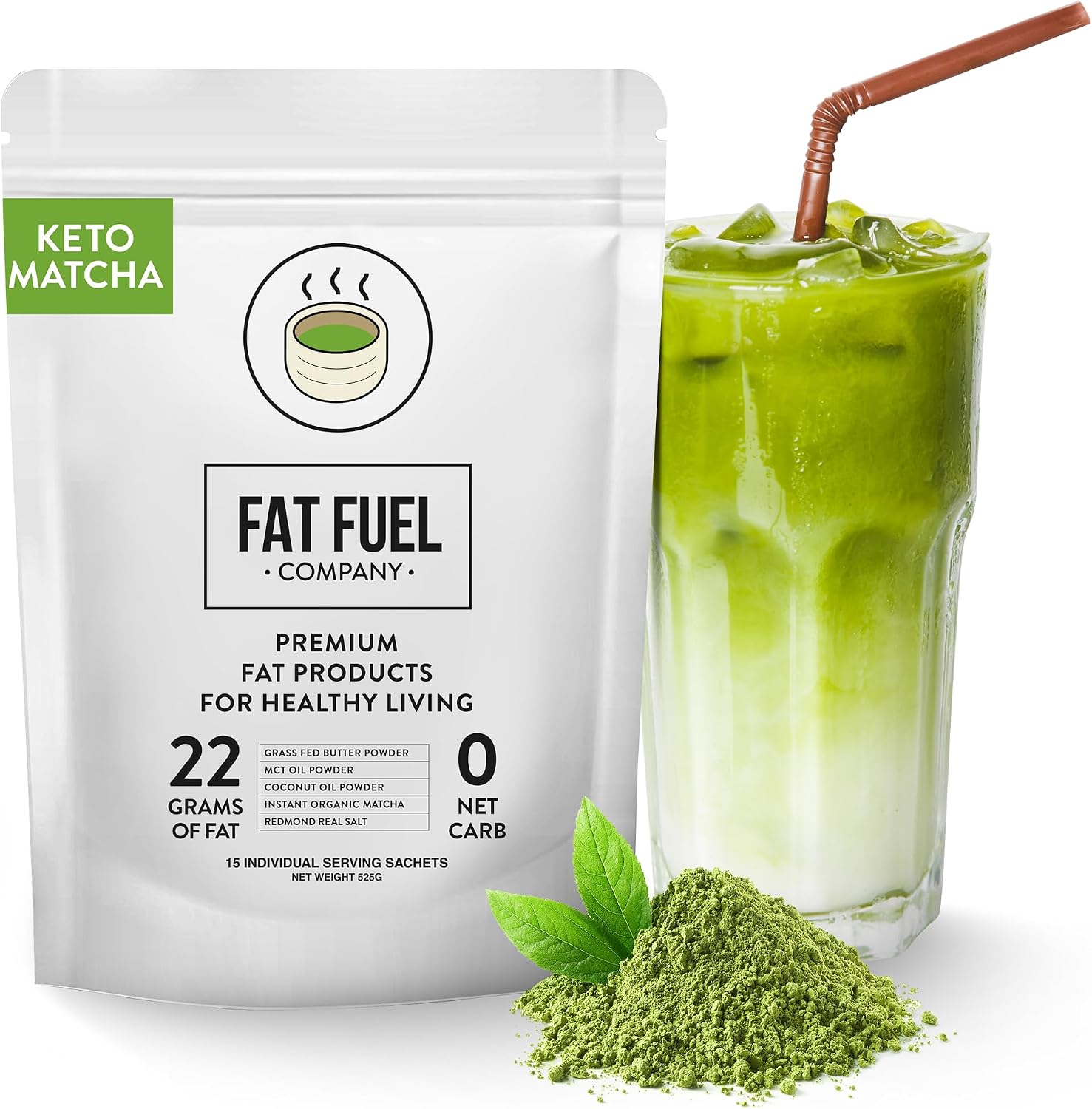 FAT FUEL Keto Matcha 22g Premium Fats - With Grass Fed Butter, MCT Oil, Coconut & Redmond Real Salt - Instant Organic Matcha, Zero Net Carb