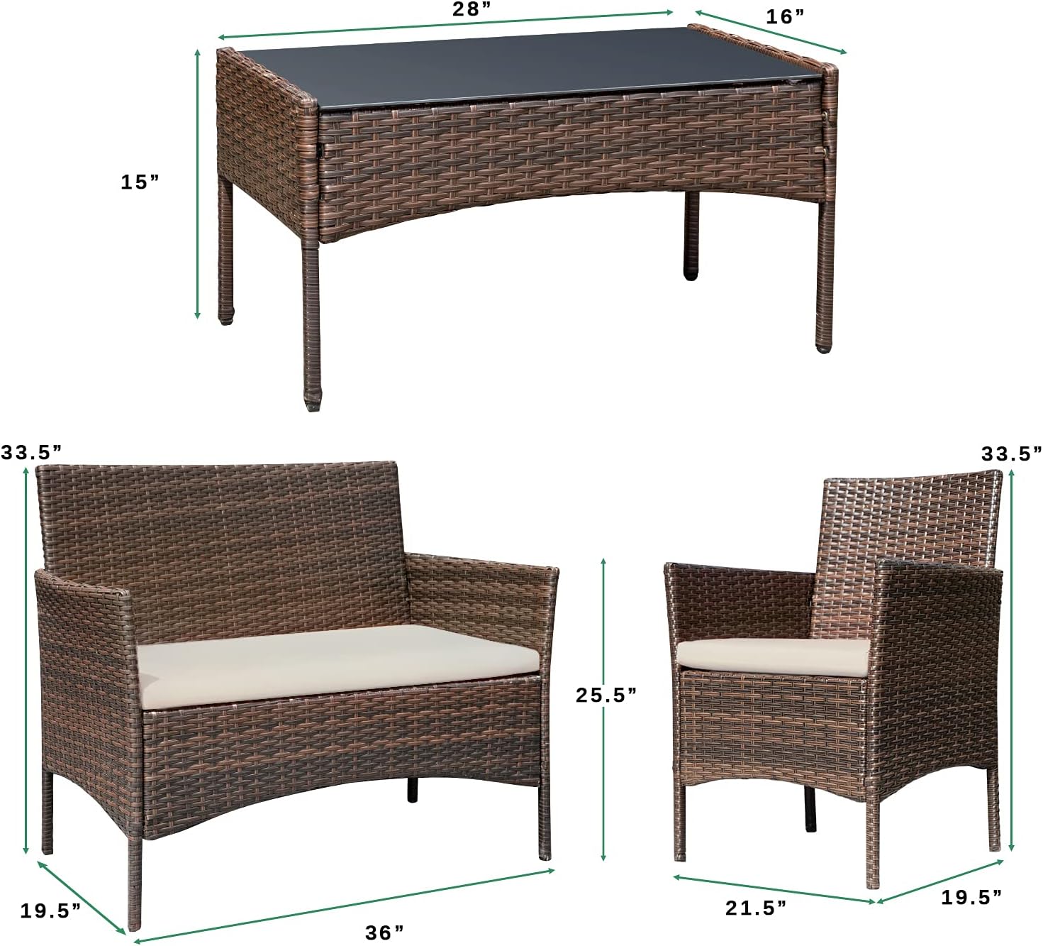 Greesum Patio Furniture 4 Pieces Conversation Sets,Brown and Beige