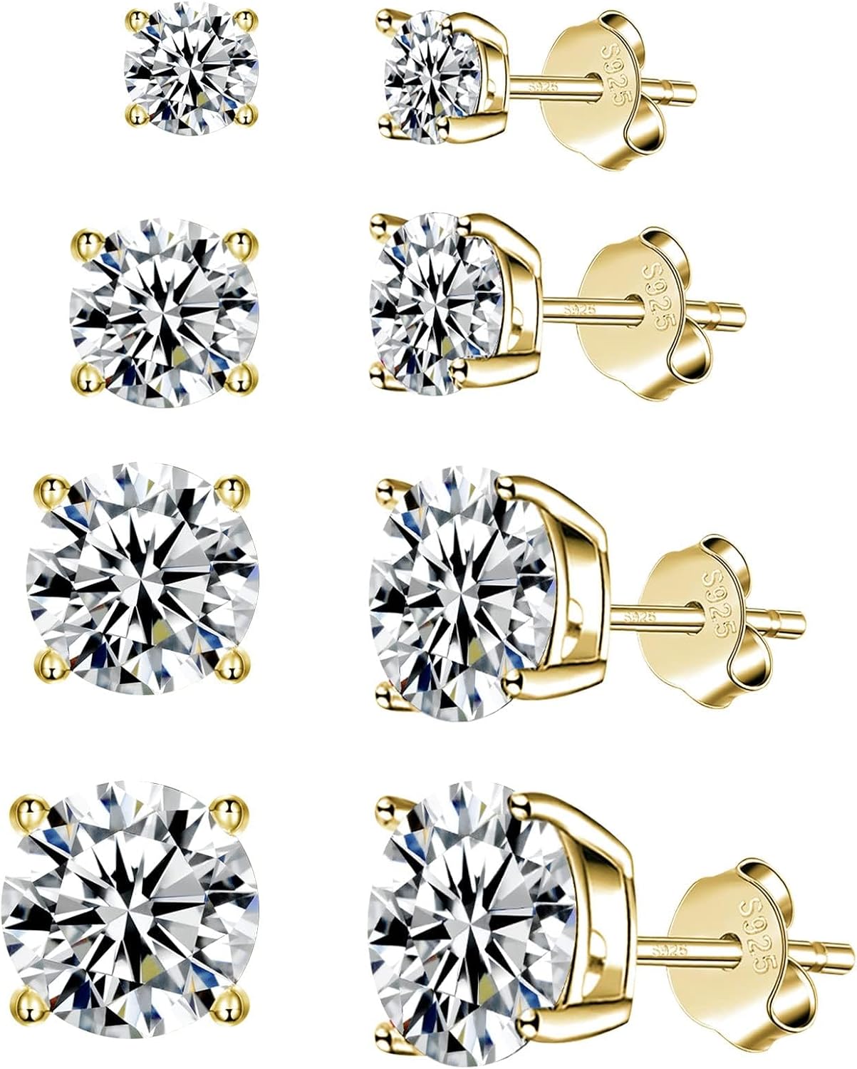 925 Sterling Silver Stud earrings Set | White Gold Plated Hypoallergenic Stud Earrings | Cubic Zirconia Stud Earrings for Women (2mm, 3mm, 4mm, 5mm