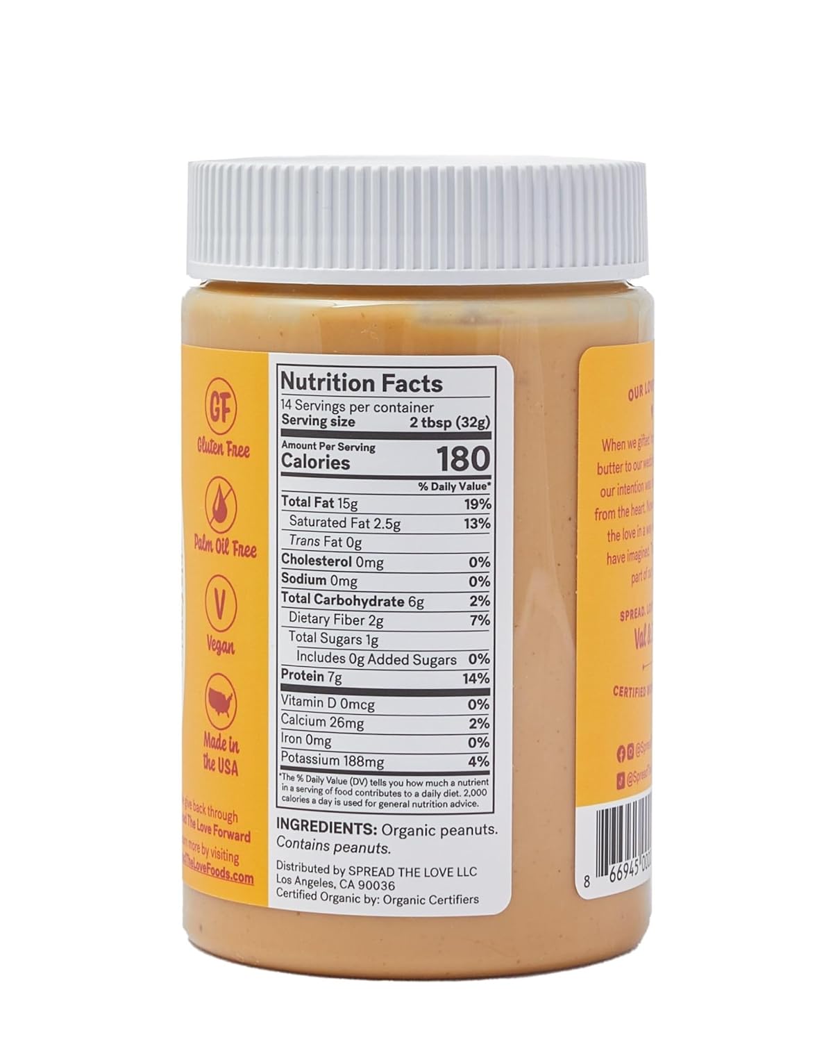 Spread The Love NAKED Organic Peanut Butter, 16 oz Jar, 1 Pack